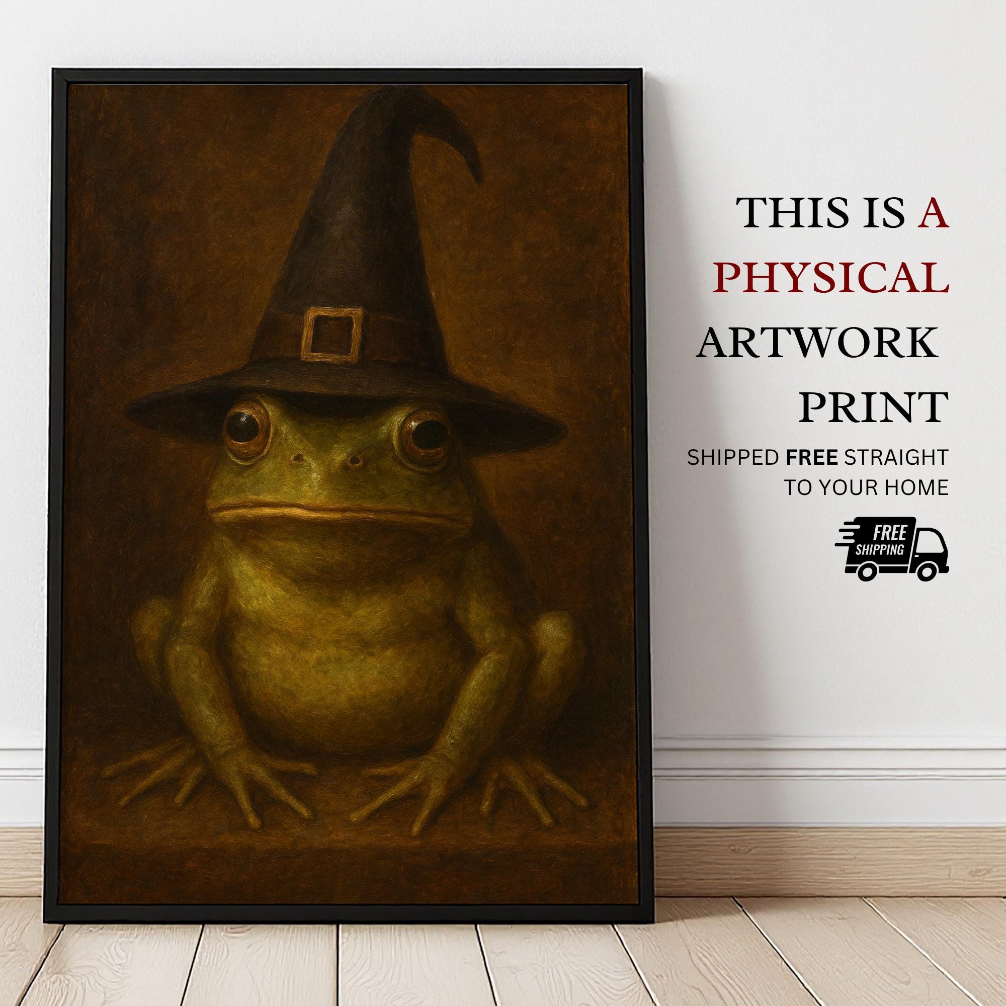 Moody Halloween Painting | Frog in Witch Hat Print | Vintage Victorian Toad Witchy Art | Dark Moody Decor | Dark Academia Frog Art