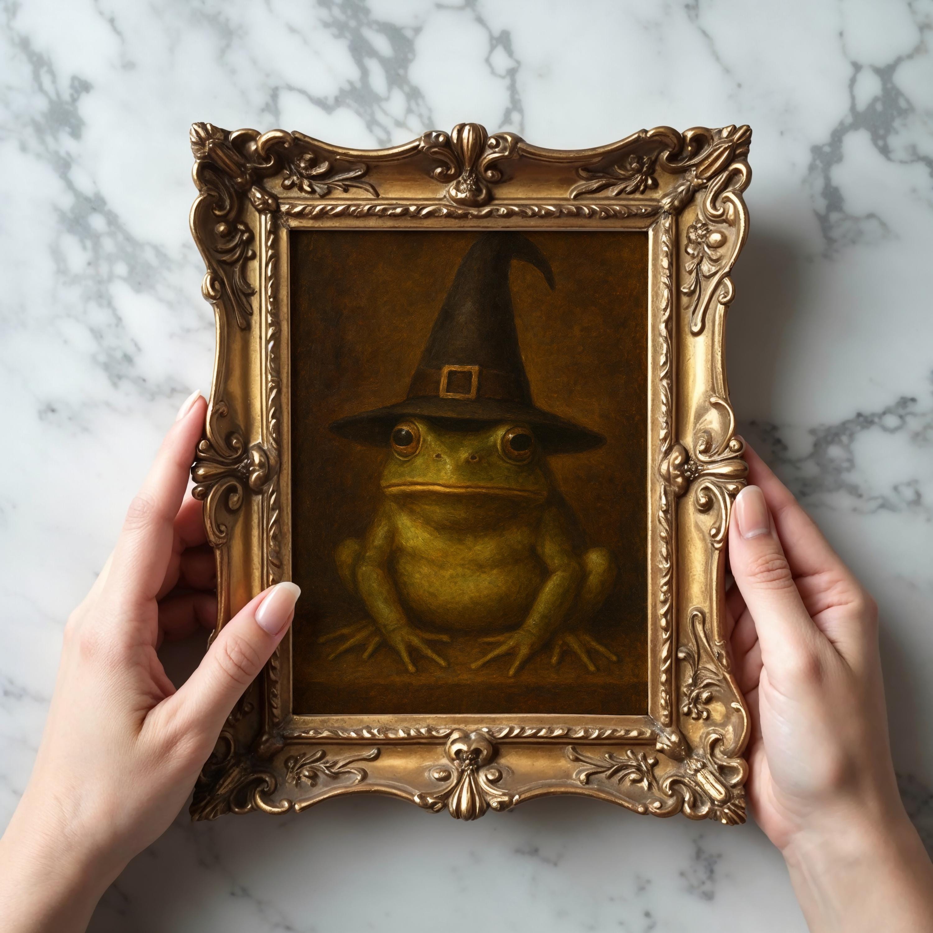 Moody Halloween Painting | Frog in Witch Hat Print | Vintage Victorian Toad Witchy Art | Dark Moody Decor | Dark Academia Frog Art