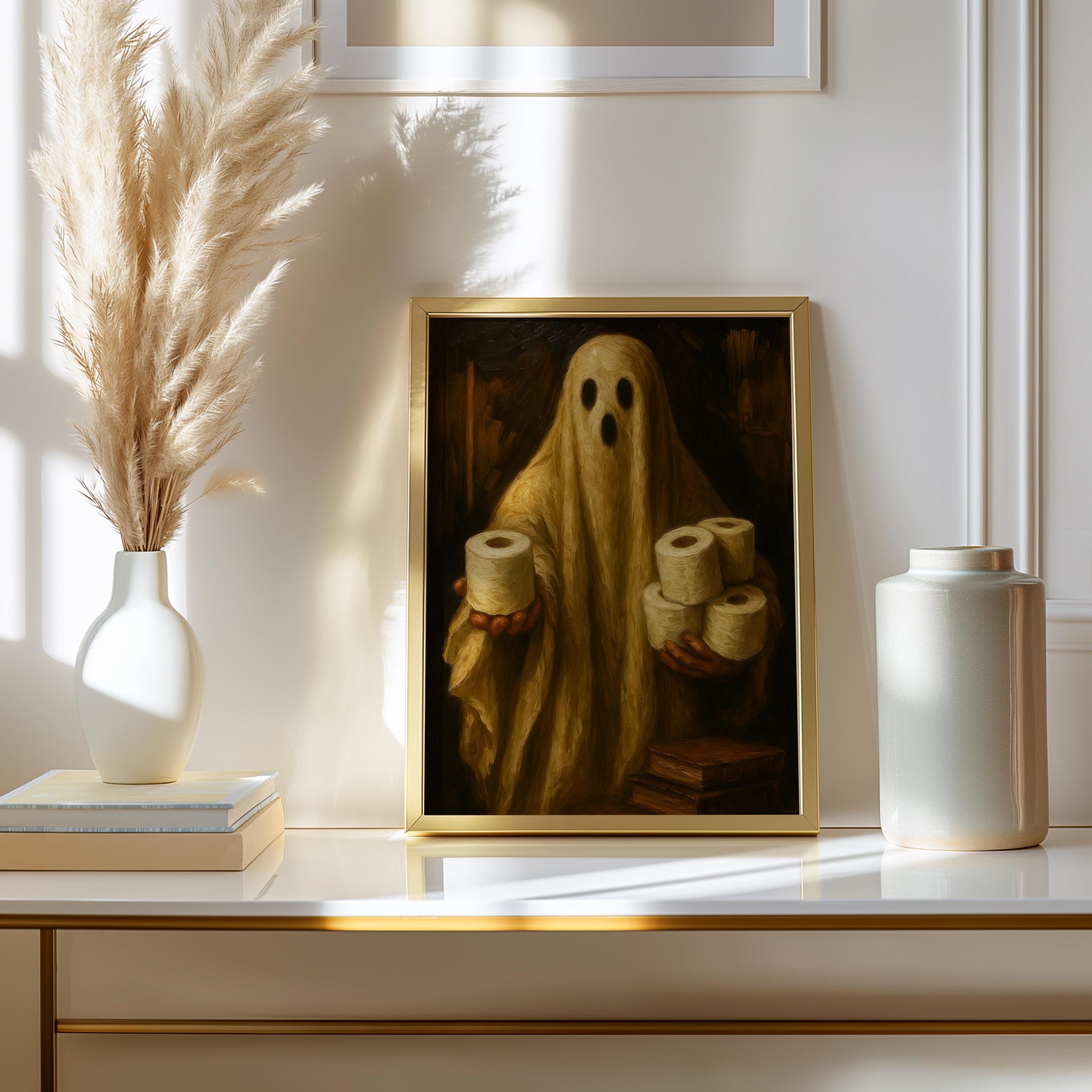 Bathroom Ghost Print | Halloween Humor Wall Print for Powder Room | Halloween Bathroom Art | Spooky Ghost Toilet Paper Roll Wall Art