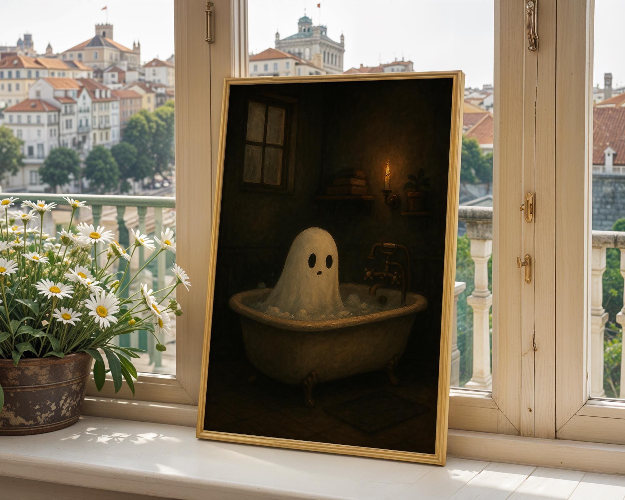 Halloween Ghost Print | Ghost in Bathtub Wall Decor | Haunted Aesthetic | Moody Halloween Bathroom Art | Moody Bathing Ghost
