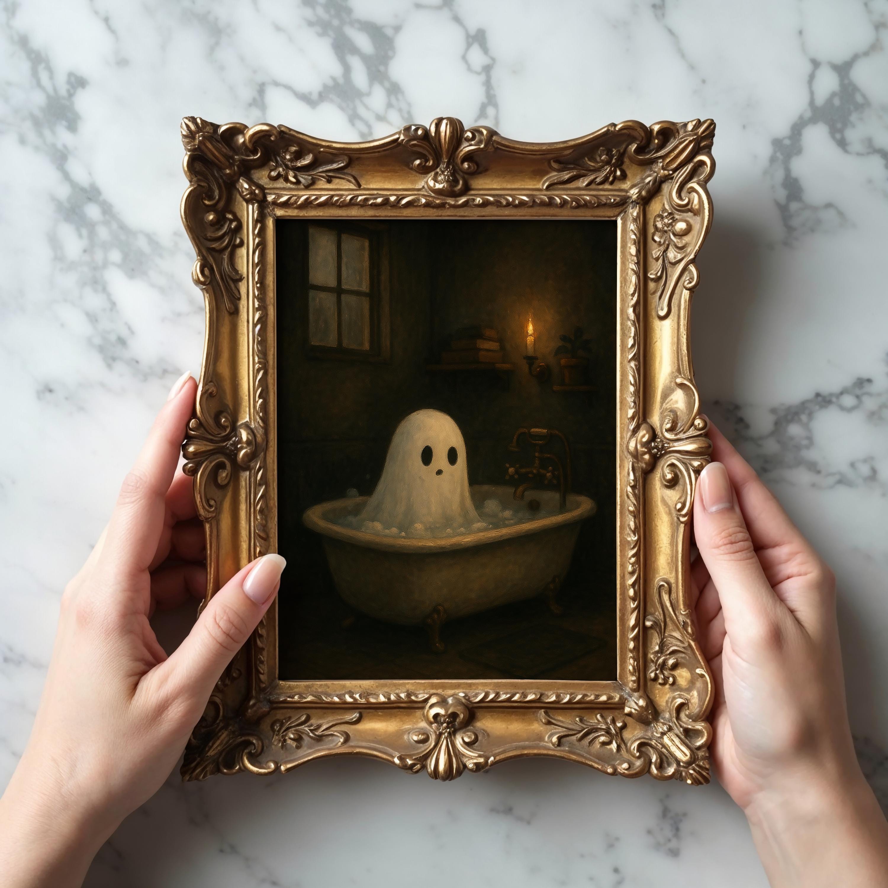 Halloween Ghost Print | Ghost in Bathtub Wall Decor | Haunted Aesthetic | Moody Halloween Bathroom Art | Moody Bathing Ghost
