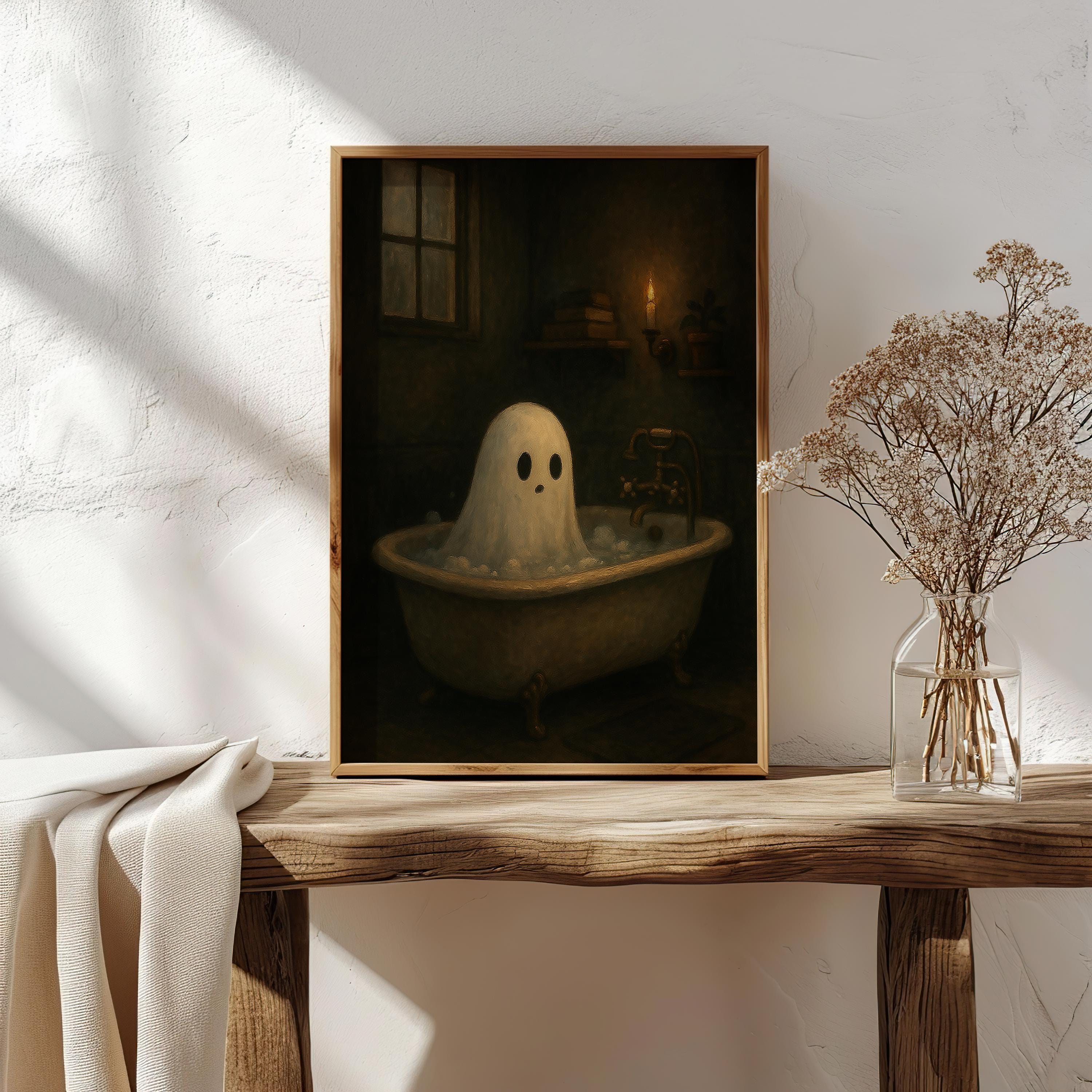 Halloween Ghost Print | Ghost in Bathtub Wall Decor | Haunted Aesthetic | Moody Halloween Bathroom Art | Moody Bathing Ghost