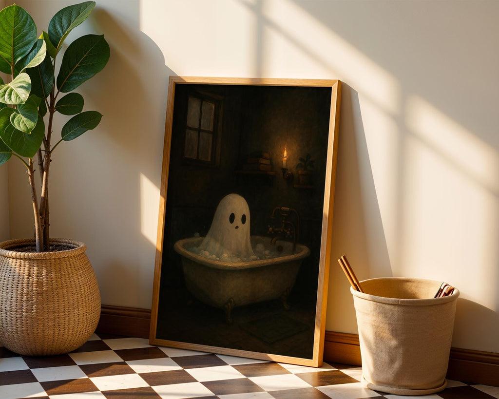 Halloween Ghost Print | Ghost in Bathtub Wall Decor | Haunted Aesthetic | Moody Halloween Bathroom Art | Moody Bathing Ghost