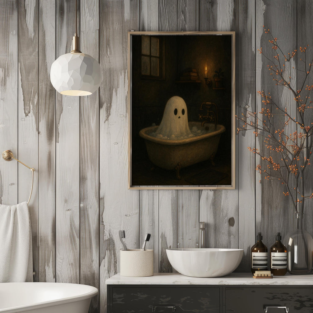 Halloween Ghost Print | Ghost in Bathtub Wall Decor | Haunted Aesthetic | Moody Halloween Bathroom Art | Moody Bathing Ghost