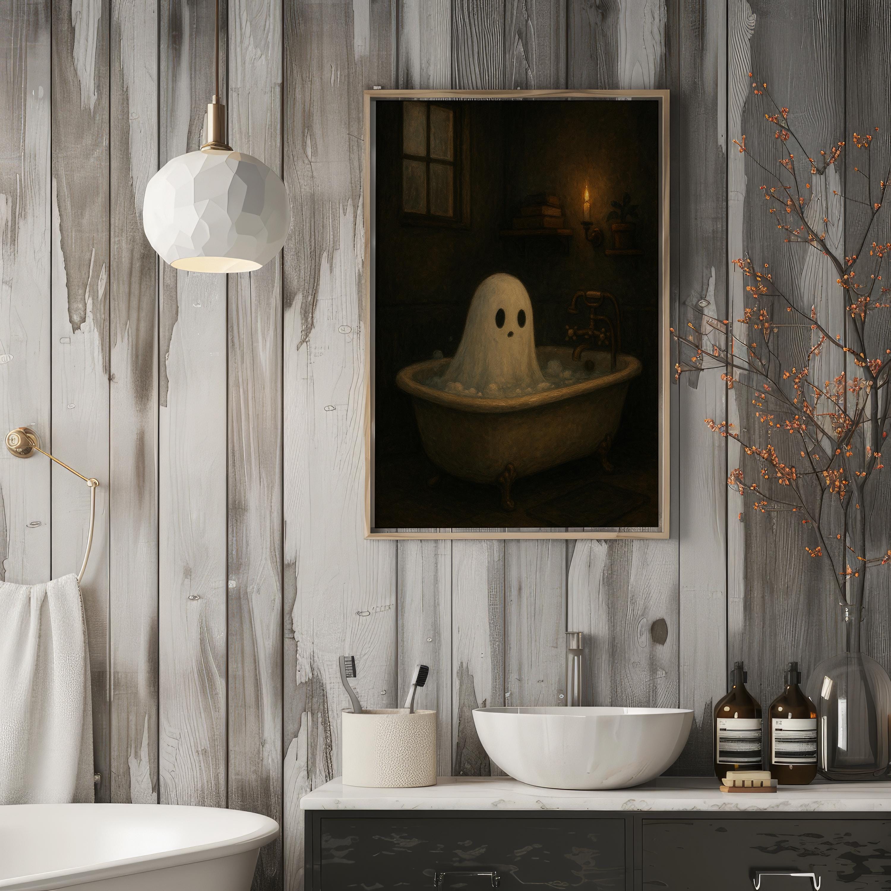 Halloween Ghost Print | Ghost in Bathtub Wall Decor | Haunted Aesthetic | Moody Halloween Bathroom Art | Moody Bathing Ghost