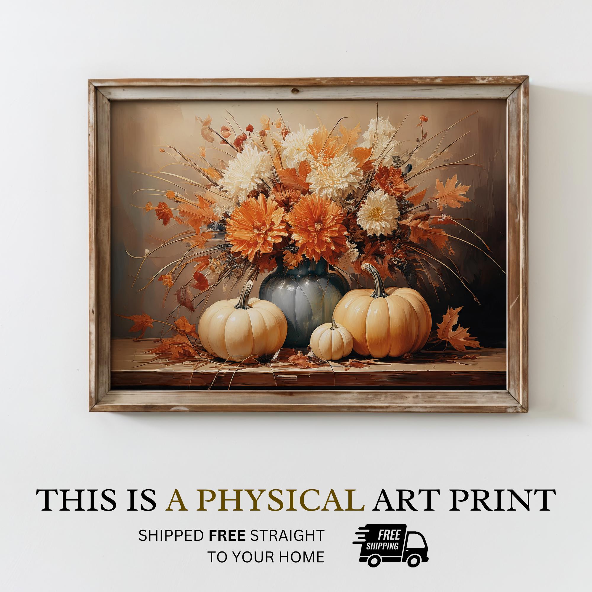 White Pumpkin Wall Art | Fall Floral Print | Vintage Autumn Decor | Cottagecore Pumpkin Artwork | Rustic Fall Wall Decor