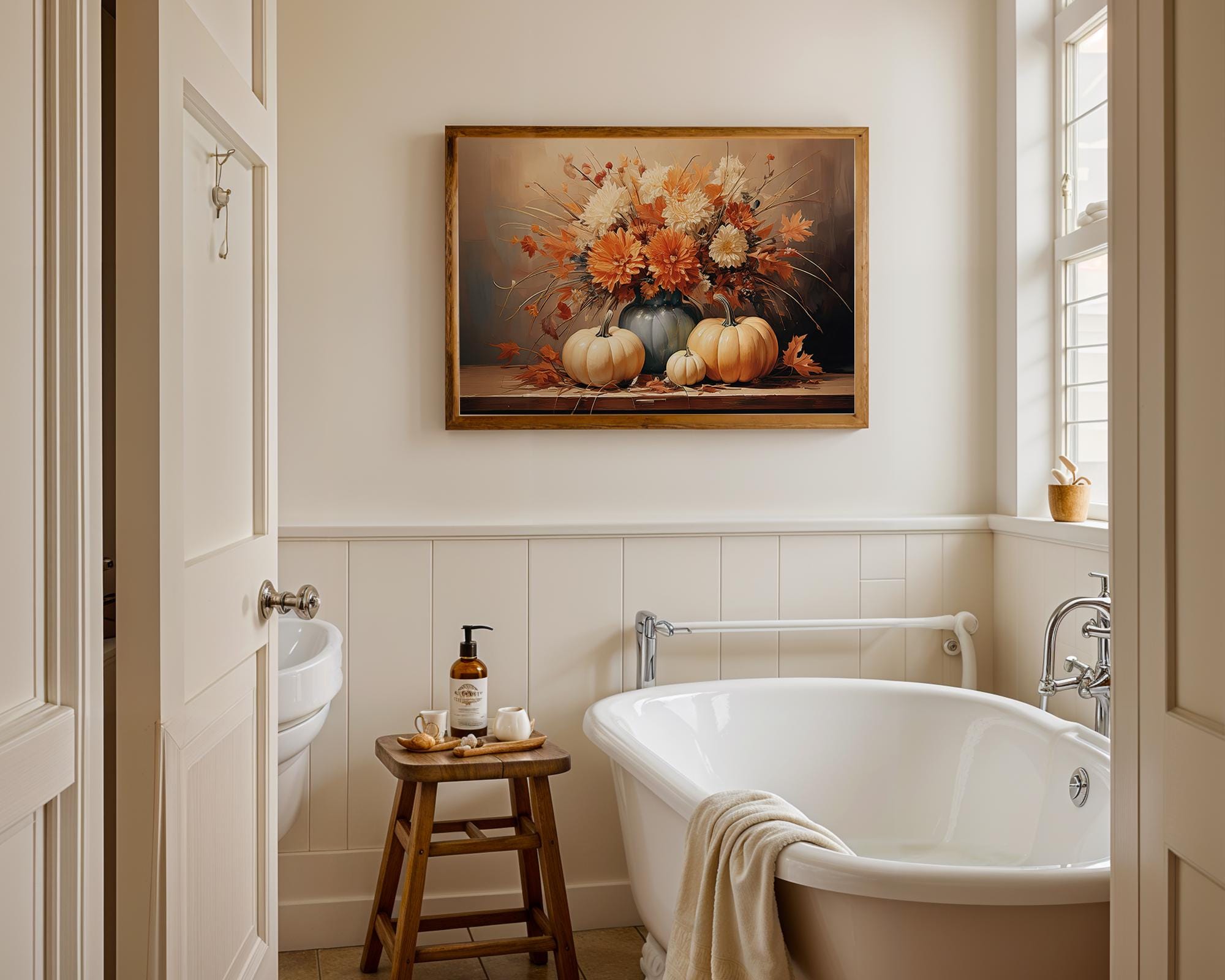 White Pumpkin Wall Art | Fall Floral Print | Vintage Autumn Decor | Cottagecore Pumpkin Artwork | Rustic Fall Wall Decor