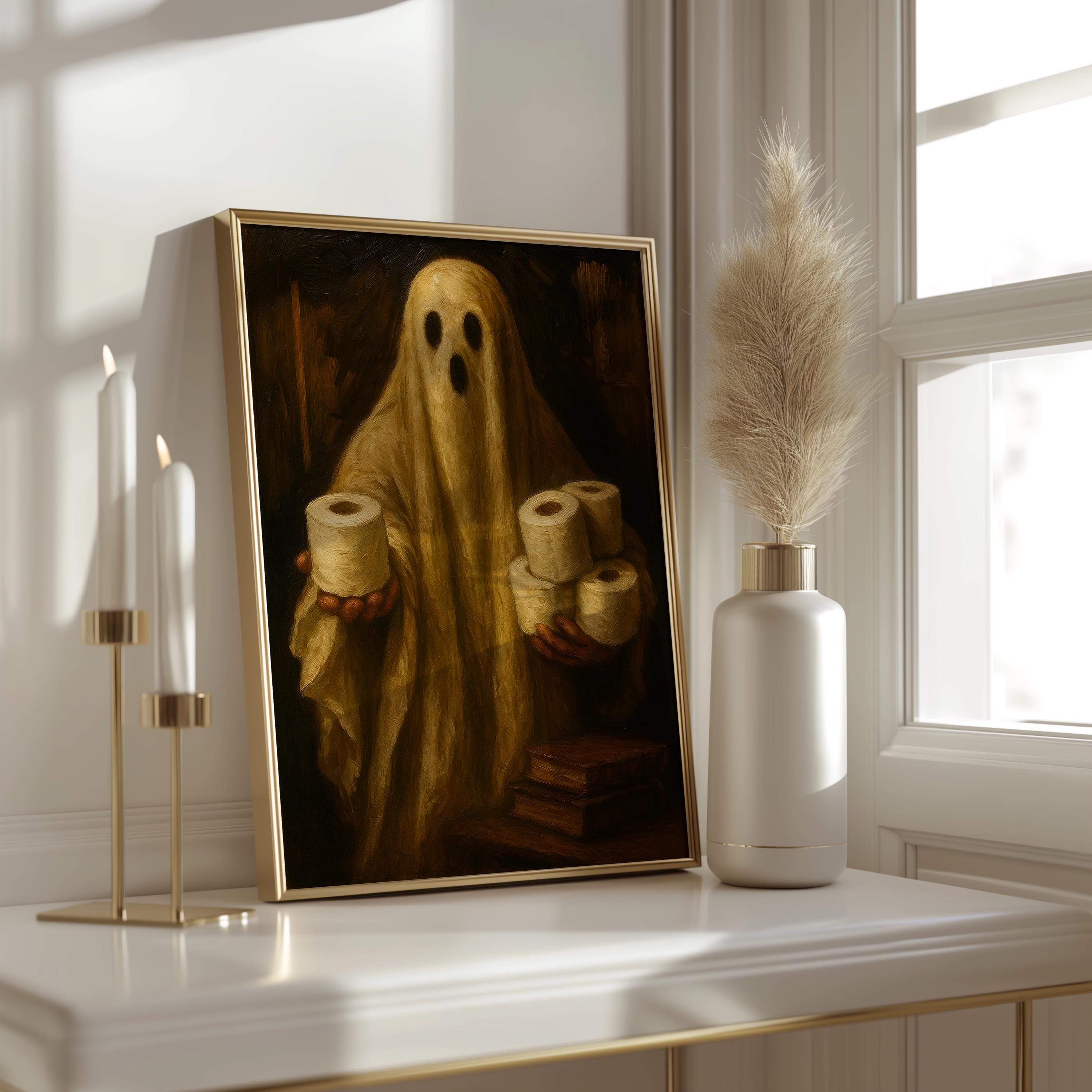 Bathroom Ghost Print | Halloween Humor Wall Print for Powder Room | Halloween Bathroom Art | Spooky Ghost Toilet Paper Roll Wall Art