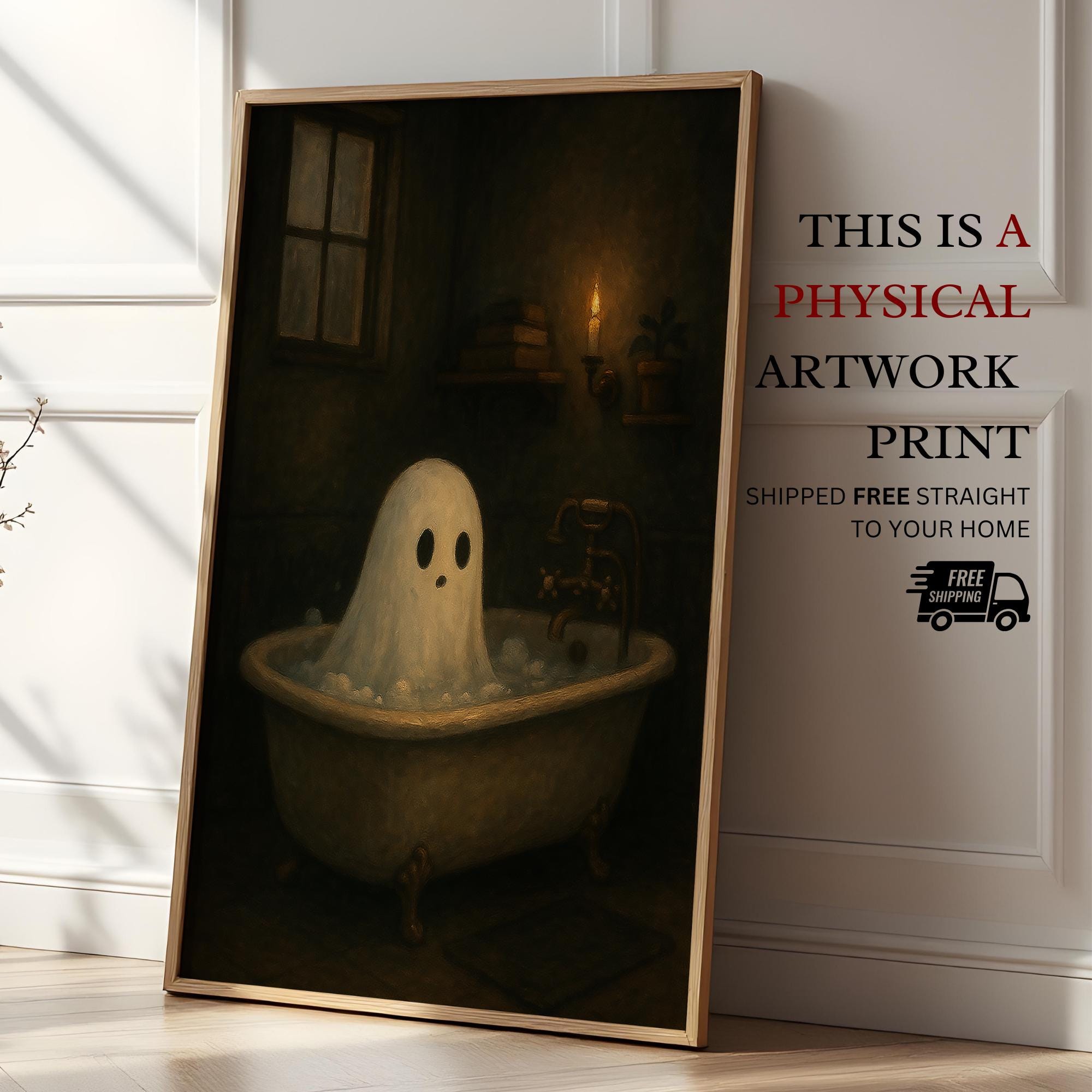 Halloween Ghost Print | Ghost in Bathtub Wall Decor | Haunted Aesthetic | Moody Halloween Bathroom Art | Moody Bathing Ghost