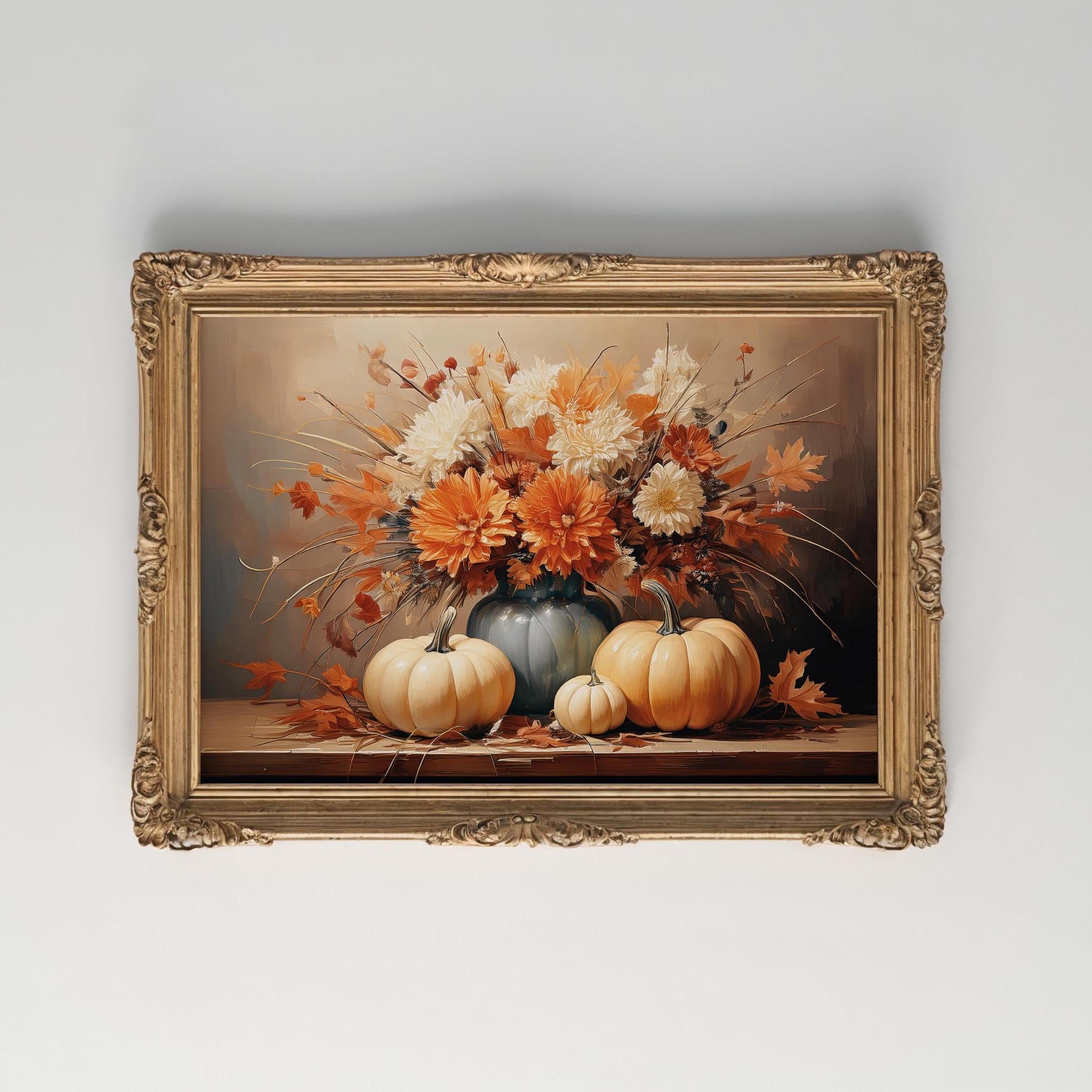 White Pumpkin Wall Art | Fall Floral Print | Vintage Autumn Decor | Cottagecore Pumpkin Artwork | Rustic Fall Wall Decor