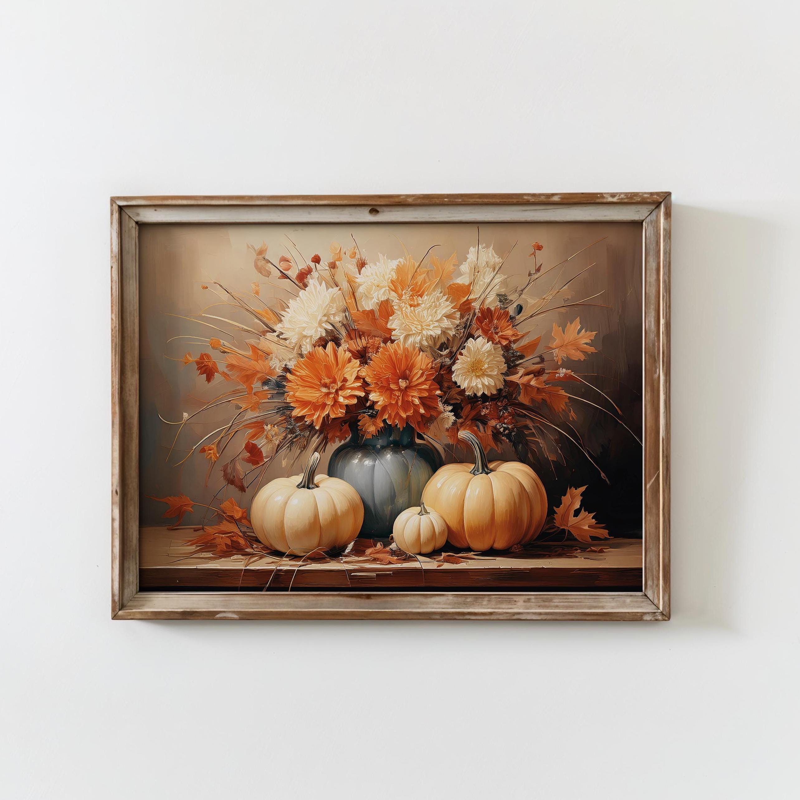 White Pumpkin Wall Art | Fall Floral Print | Vintage Autumn Decor | Cottagecore Pumpkin Artwork | Rustic Fall Wall Decor