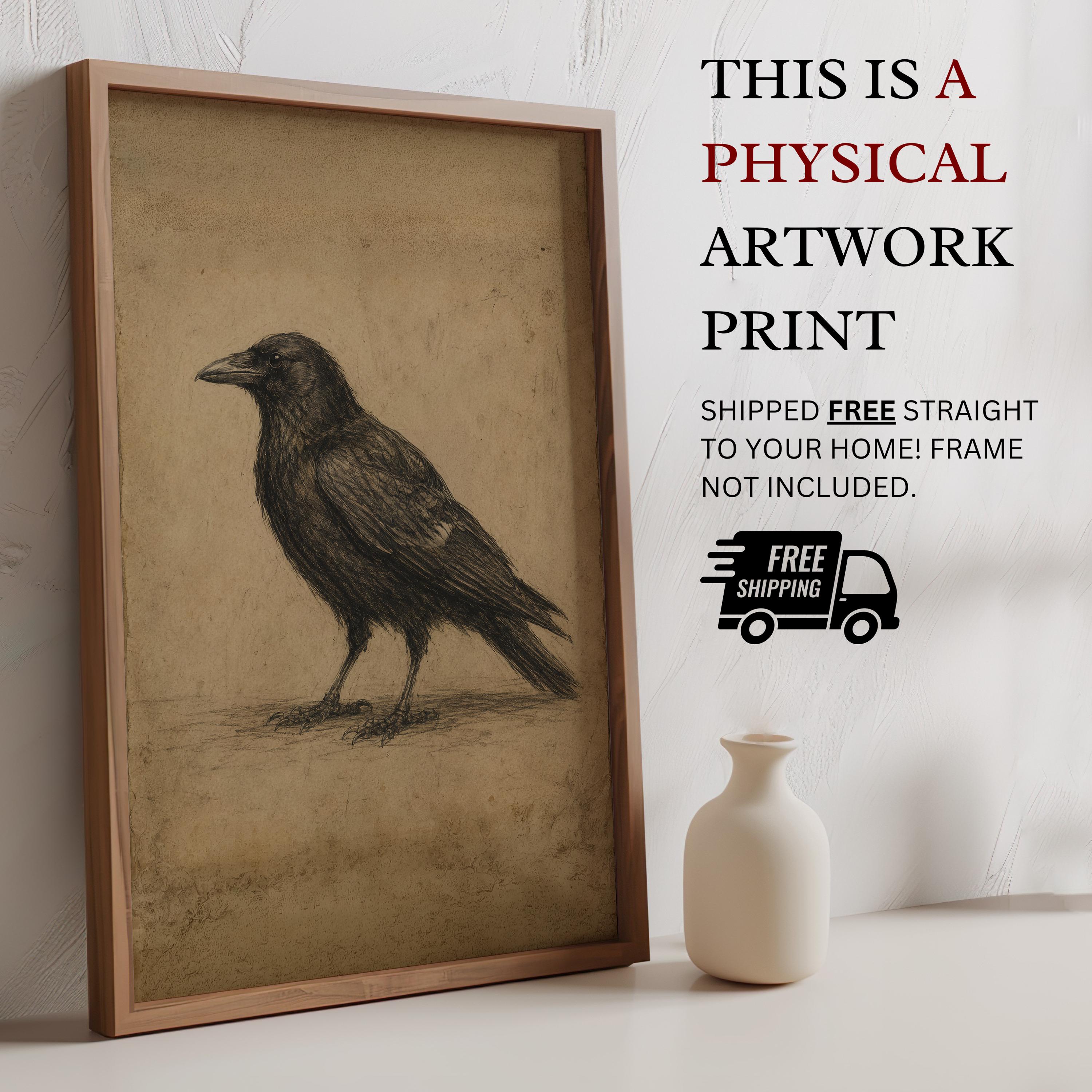 Vintage Crow Sketch Wall Art | Gothic Raven Print | Dark Cottagecore Decor | Antique Bird Illustration | Rustic Nature Artwork