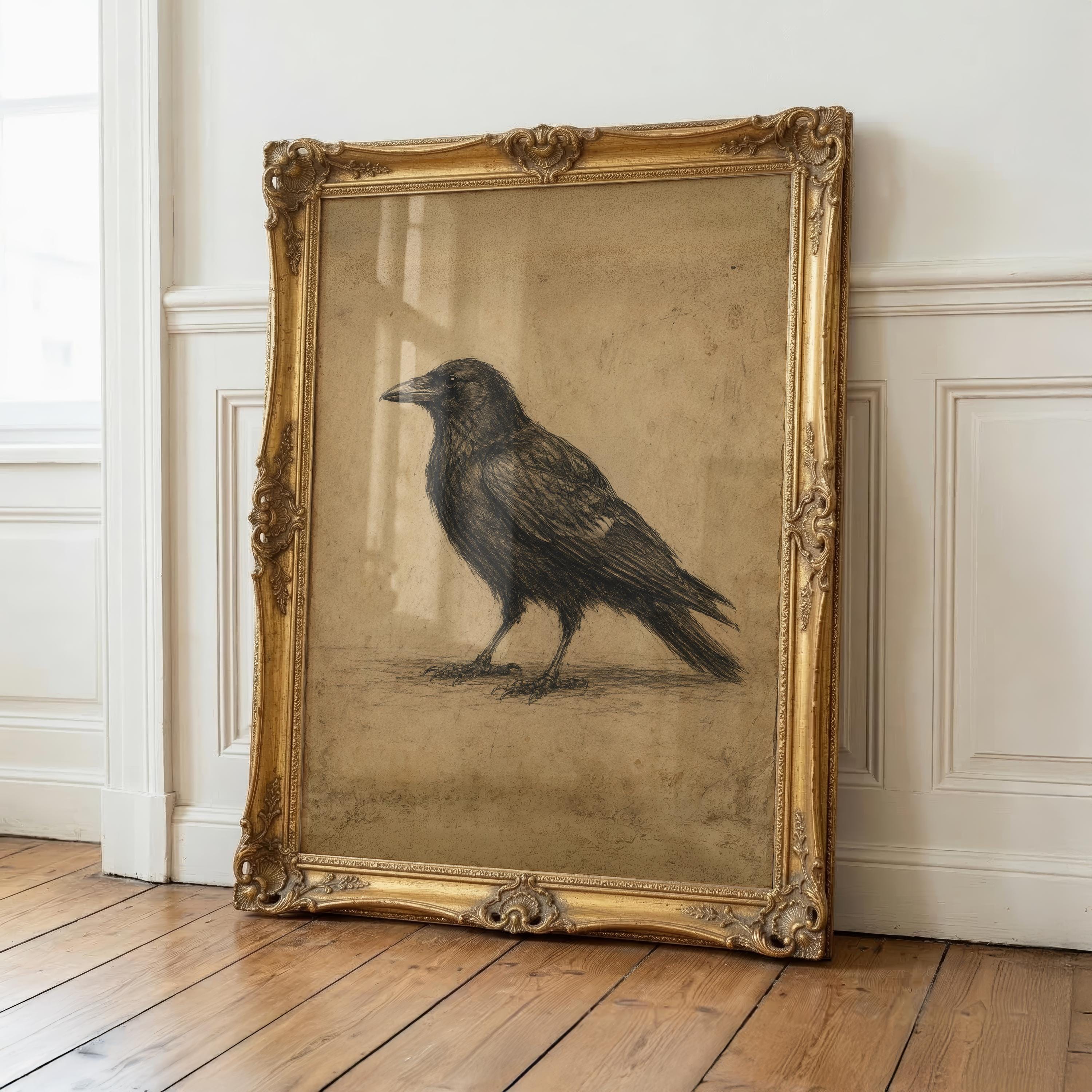 Vintage Crow Sketch Wall Art | Gothic Raven Print | Dark Cottagecore Decor | Antique Bird Illustration | Rustic Nature Artwork