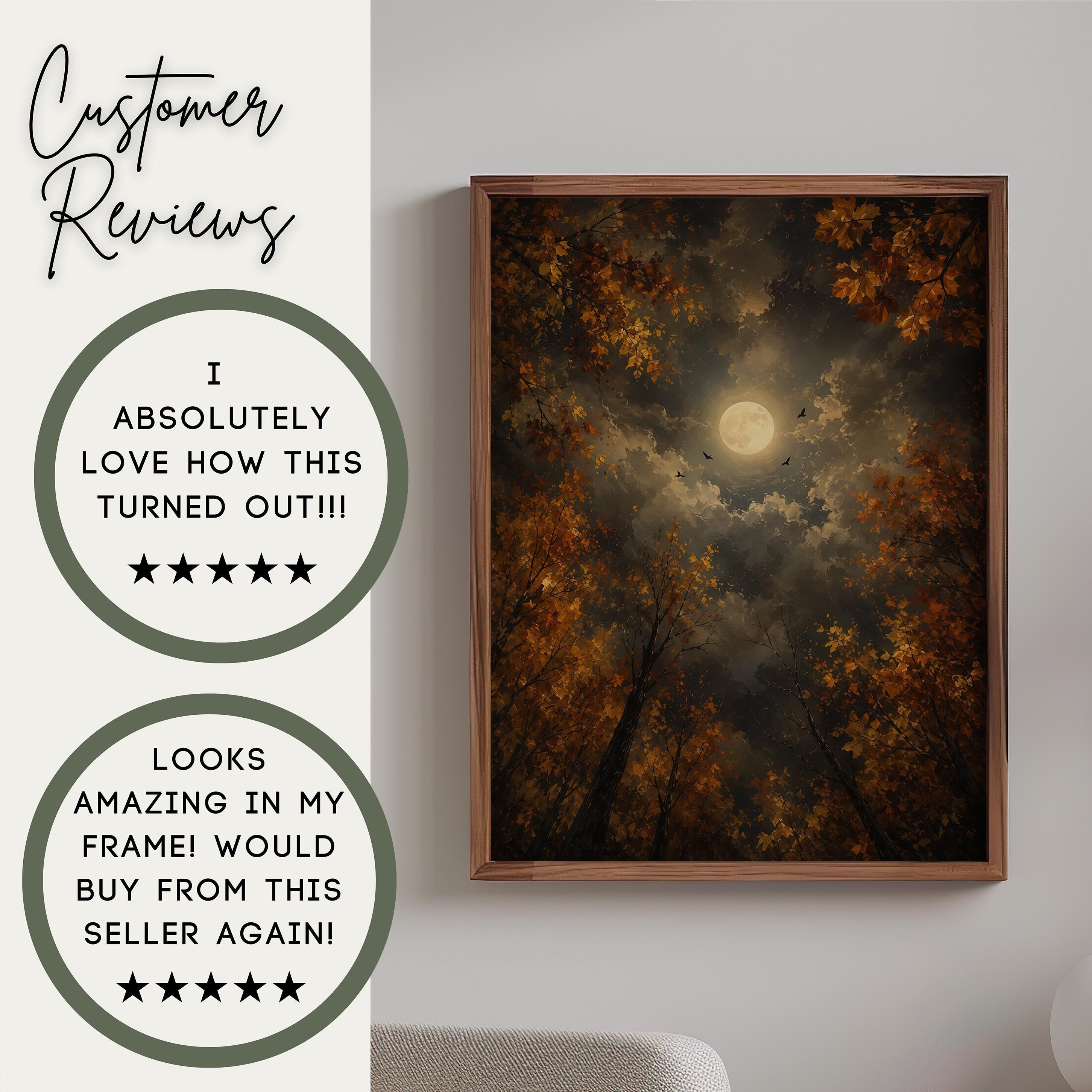 Autumn Moon Wall Art | Moody Fall Forest Painting | Gothic Landscape Print | Dark Cottagecore Decor | Night Sky Artwork