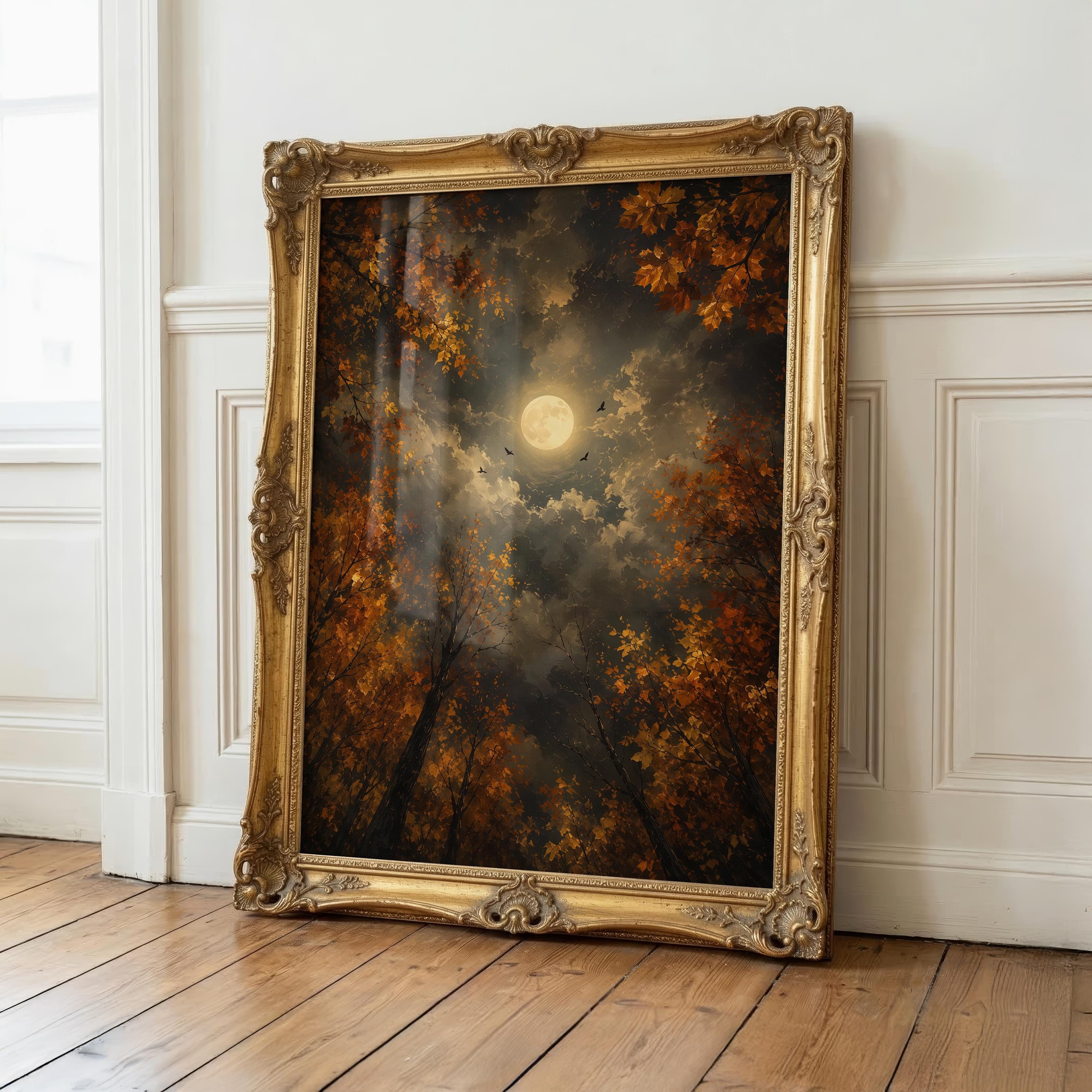 Autumn Moon Wall Art | Moody Fall Forest Painting | Gothic Landscape Print | Dark Cottagecore Decor | Night Sky Artwork