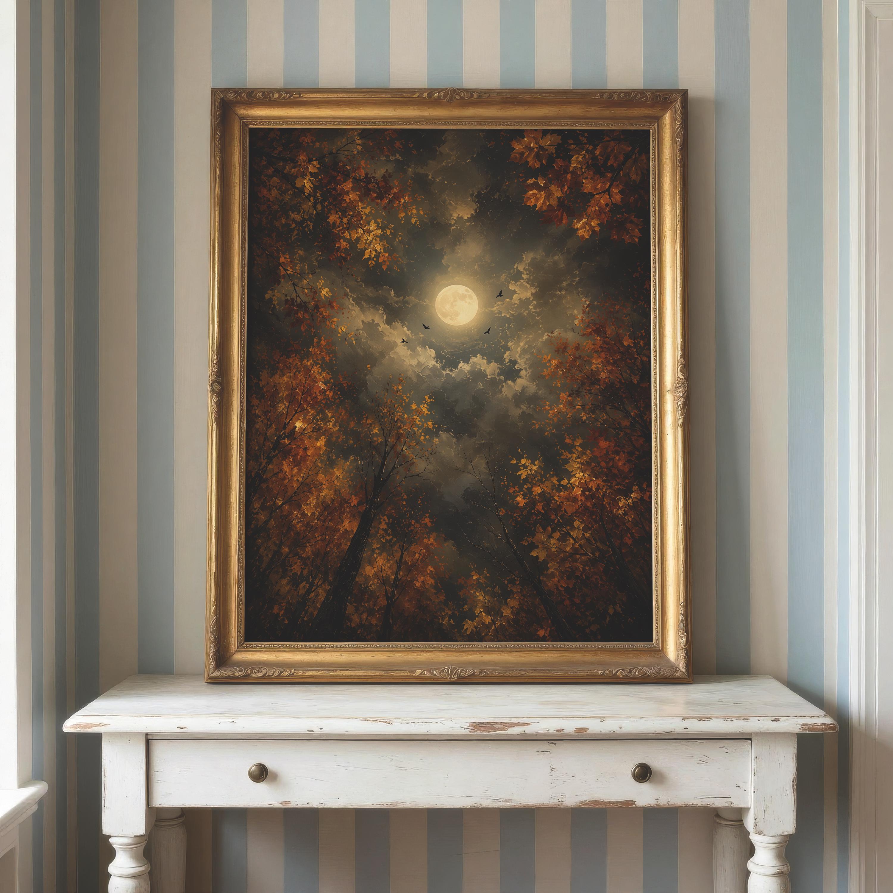 Autumn Moon Wall Art | Moody Fall Forest Painting | Gothic Landscape Print | Dark Cottagecore Decor | Night Sky Artwork
