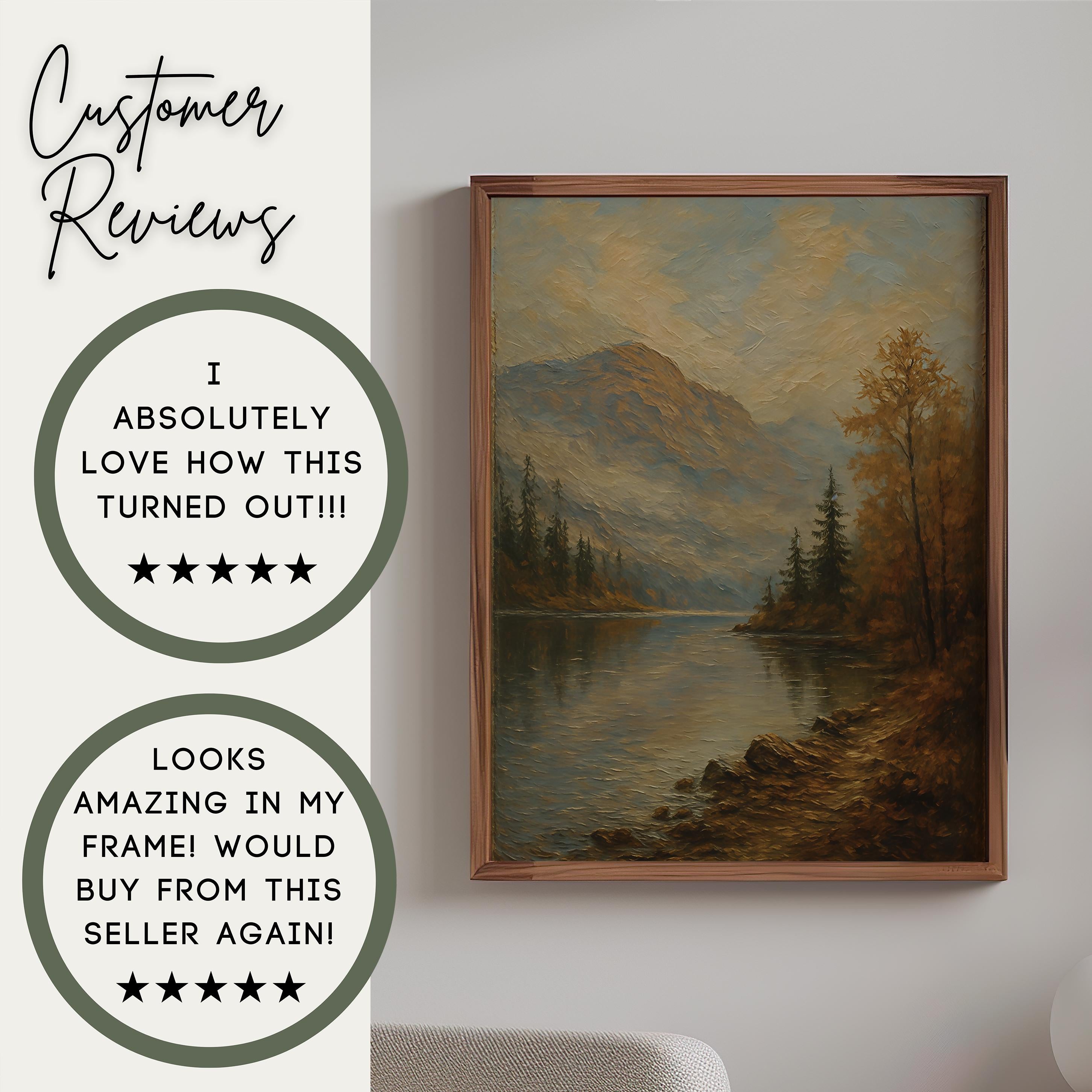 Vintage Autumn Lake Wall Art | Mountain Landscape Print | Rustic Cabin Decor | Fall Nature Painting | Woodland Lake Artwork