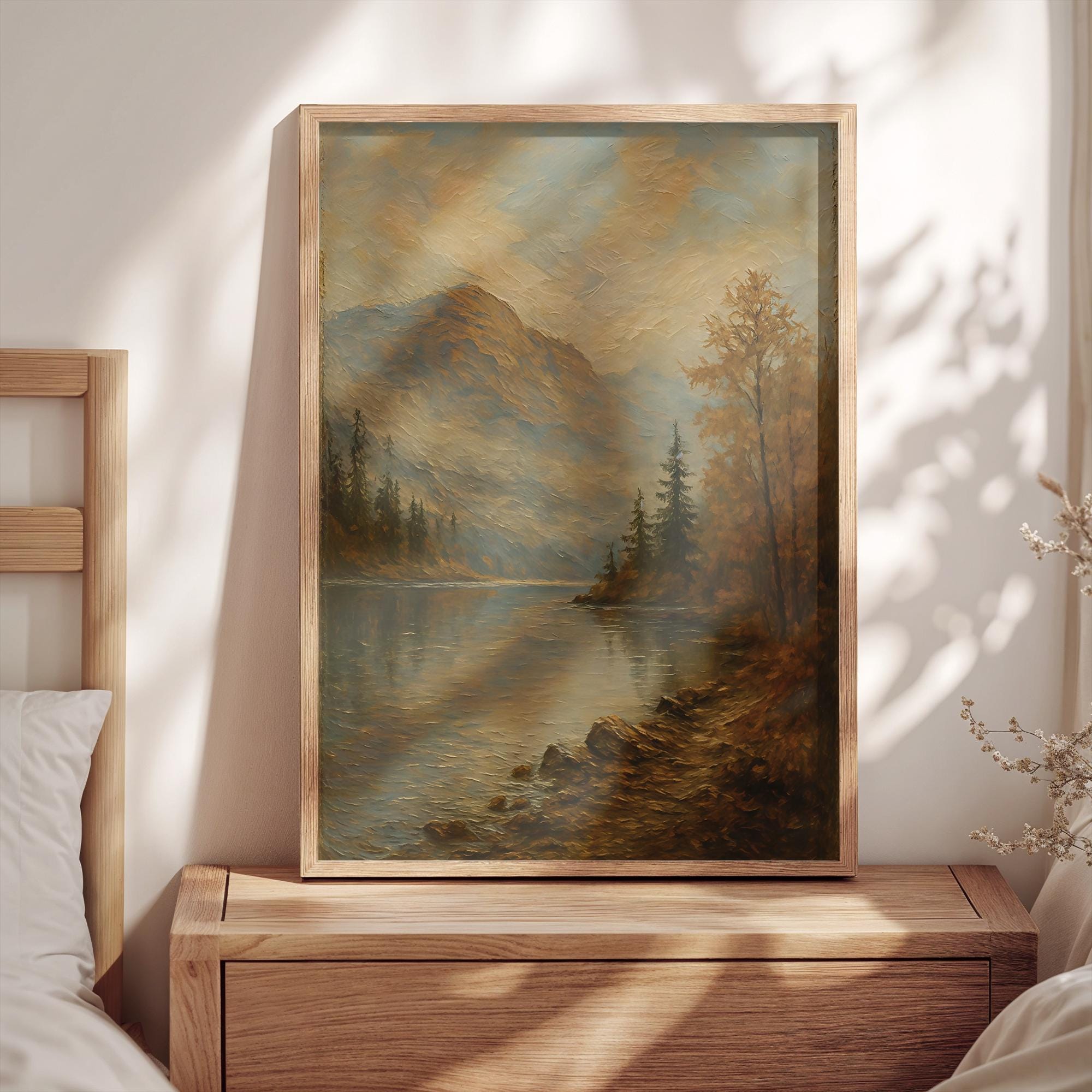 Vintage Autumn Lake Wall Art | Mountain Landscape Print | Rustic Cabin Decor | Fall Nature Painting | Woodland Lake Artwork