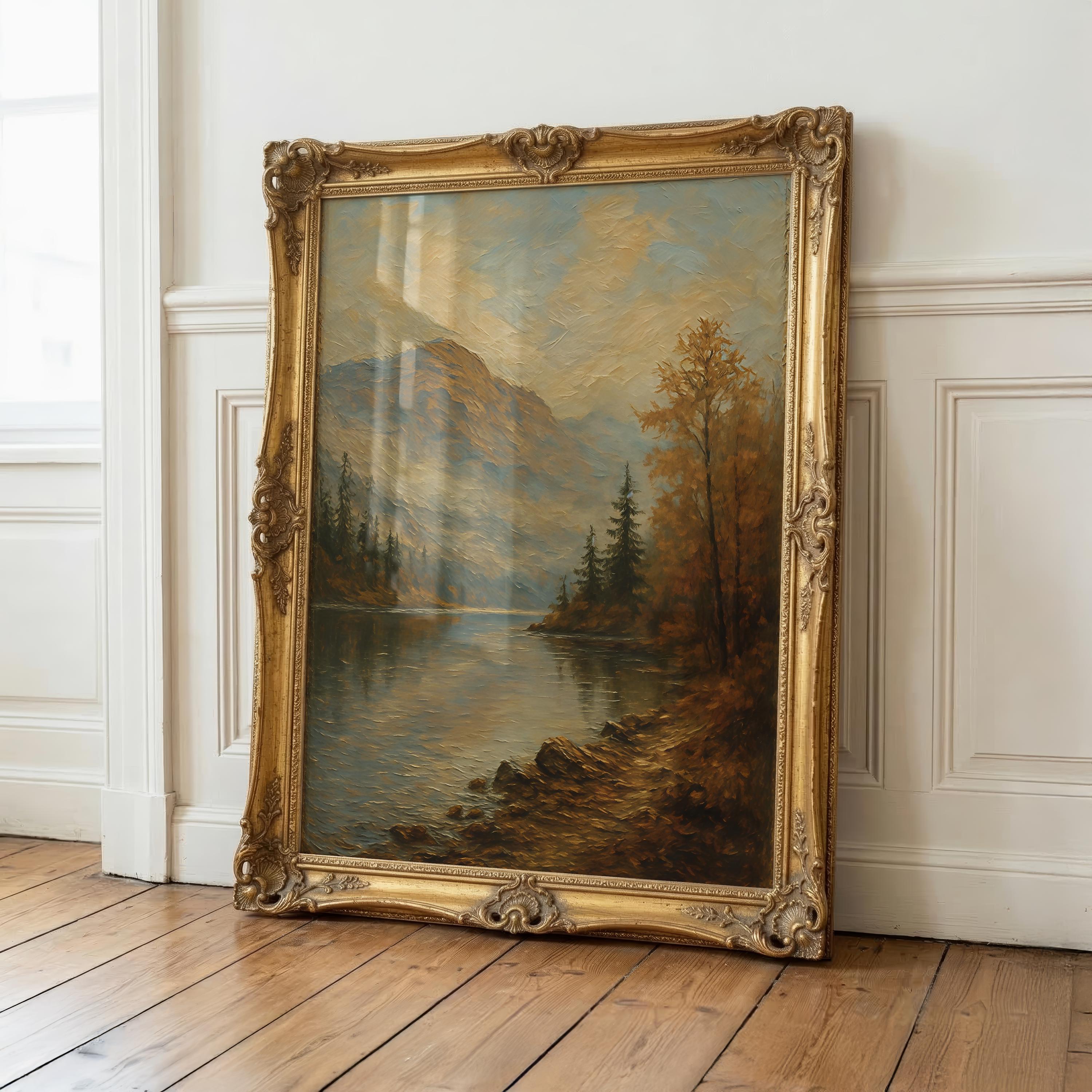 Vintage Autumn Lake Wall Art | Mountain Landscape Print | Rustic Cabin Decor | Fall Nature Painting | Woodland Lake Artwork
