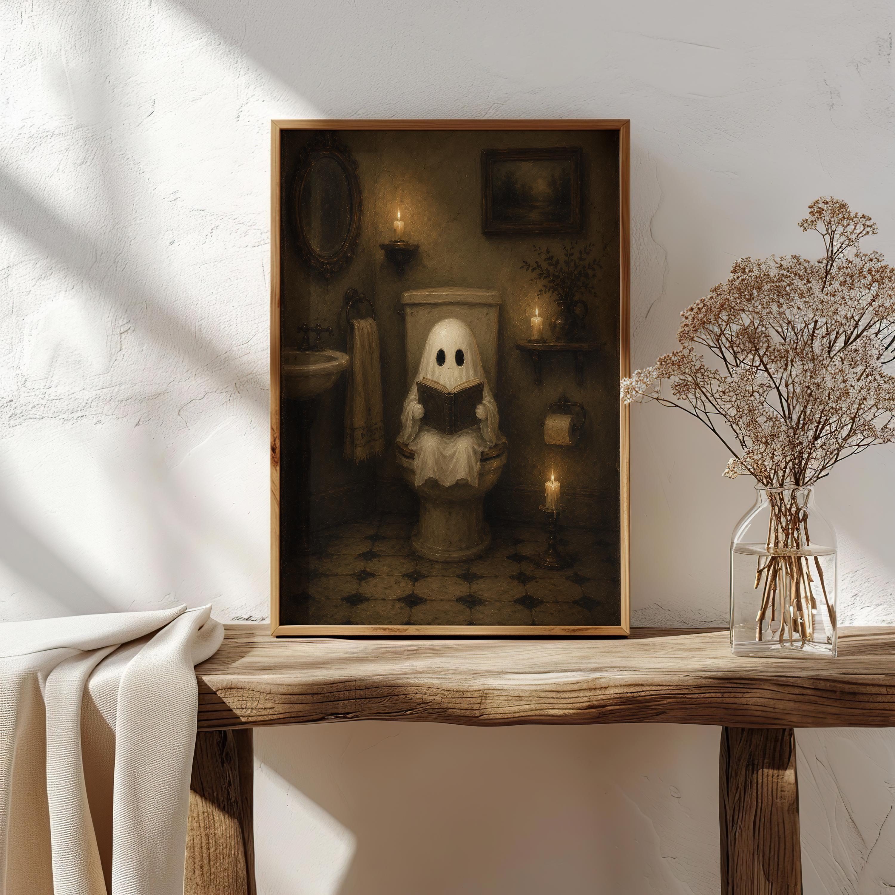 Ghost on Toilet Wall Art | Funny Bathroom Wall Decor | Vintage Halloween Bathroom Print | Cute Spooky Above Toilet Artwork
