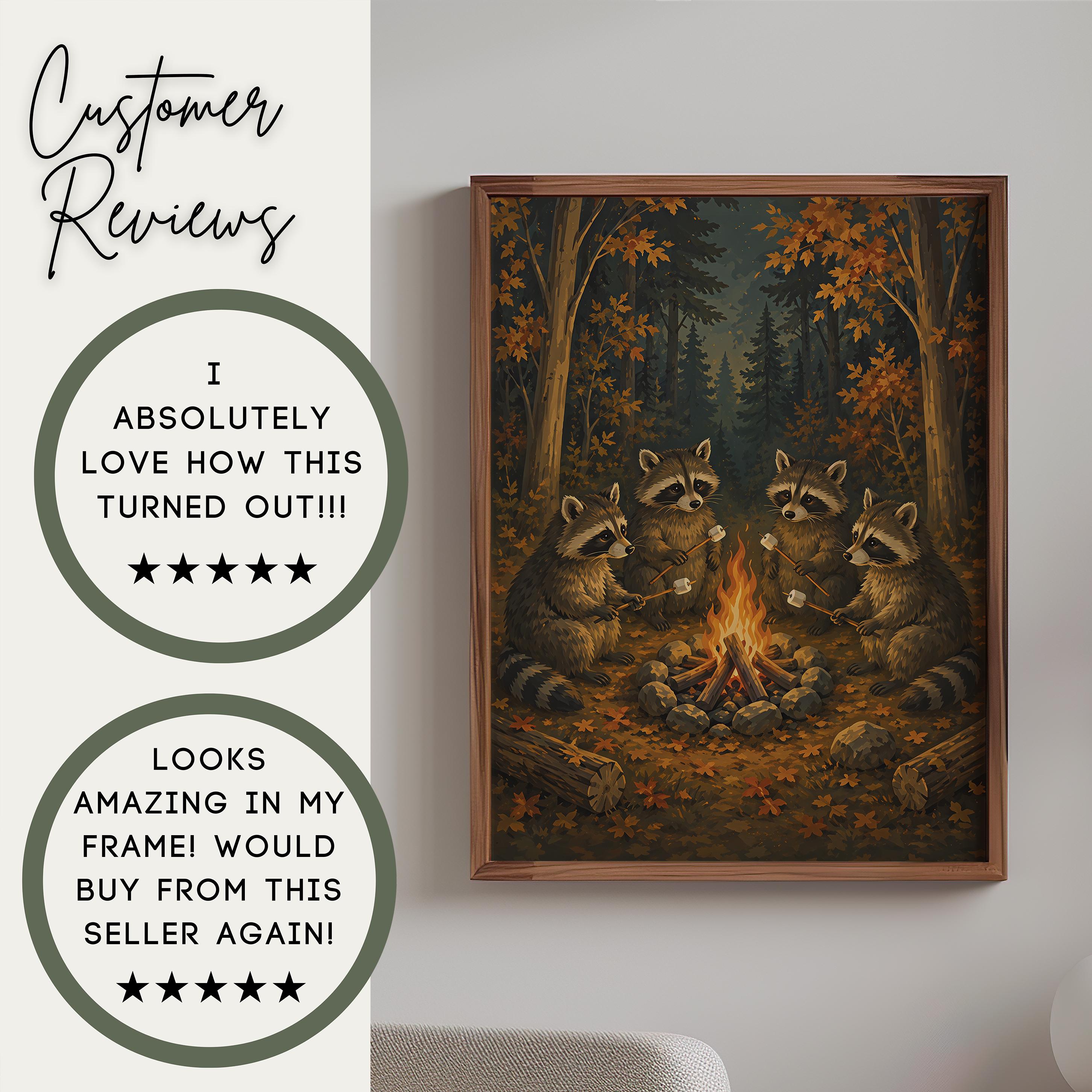 Raccoon Campfire Wall Art | Cozy Autumn Woodland Painting | Vintage Forest Animal Print | Fall Cabin Decor | Marshmallow Campfire Artwork