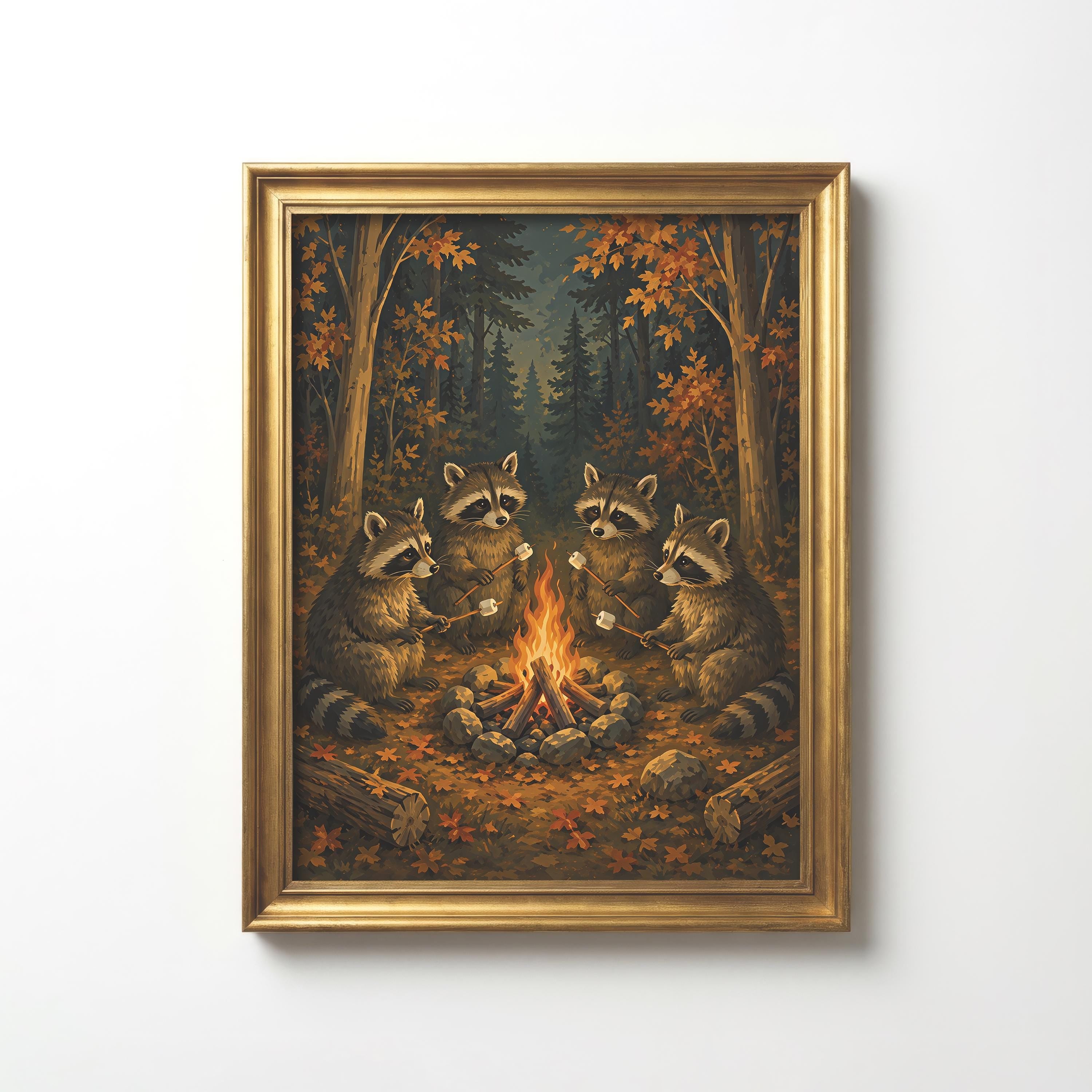 Raccoon Campfire Wall Art | Cozy Autumn Woodland Painting | Vintage Forest Animal Print | Fall Cabin Decor | Marshmallow Campfire Artwork