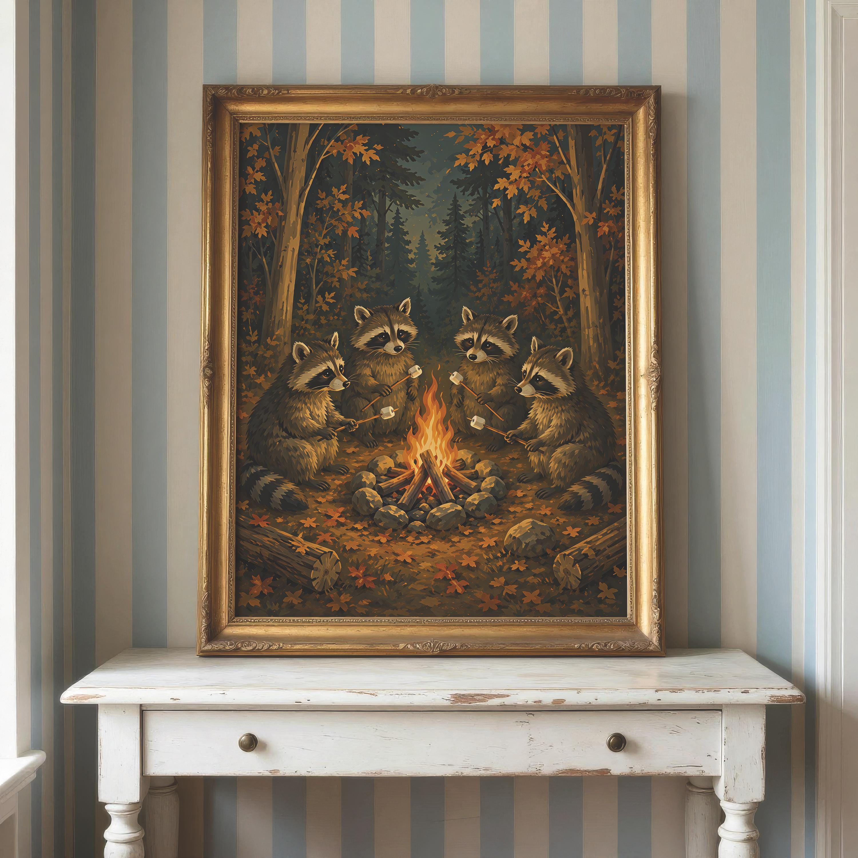 Raccoon Campfire Wall Art | Cozy Autumn Woodland Painting | Vintage Forest Animal Print | Fall Cabin Decor | Marshmallow Campfire Artwork