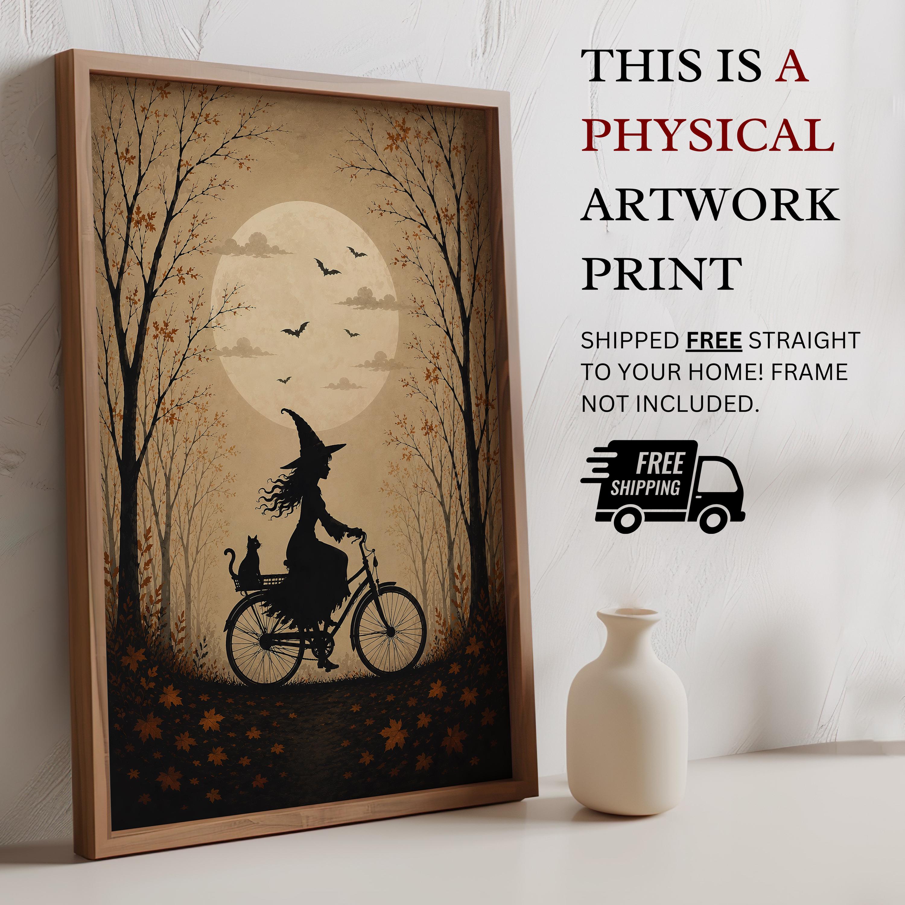 Witch on Bicycle Wall Art | Vintage Halloween Print | Moonlit Autumn Landscape | Dark Cottagecore Decor | Witchcore Artwork