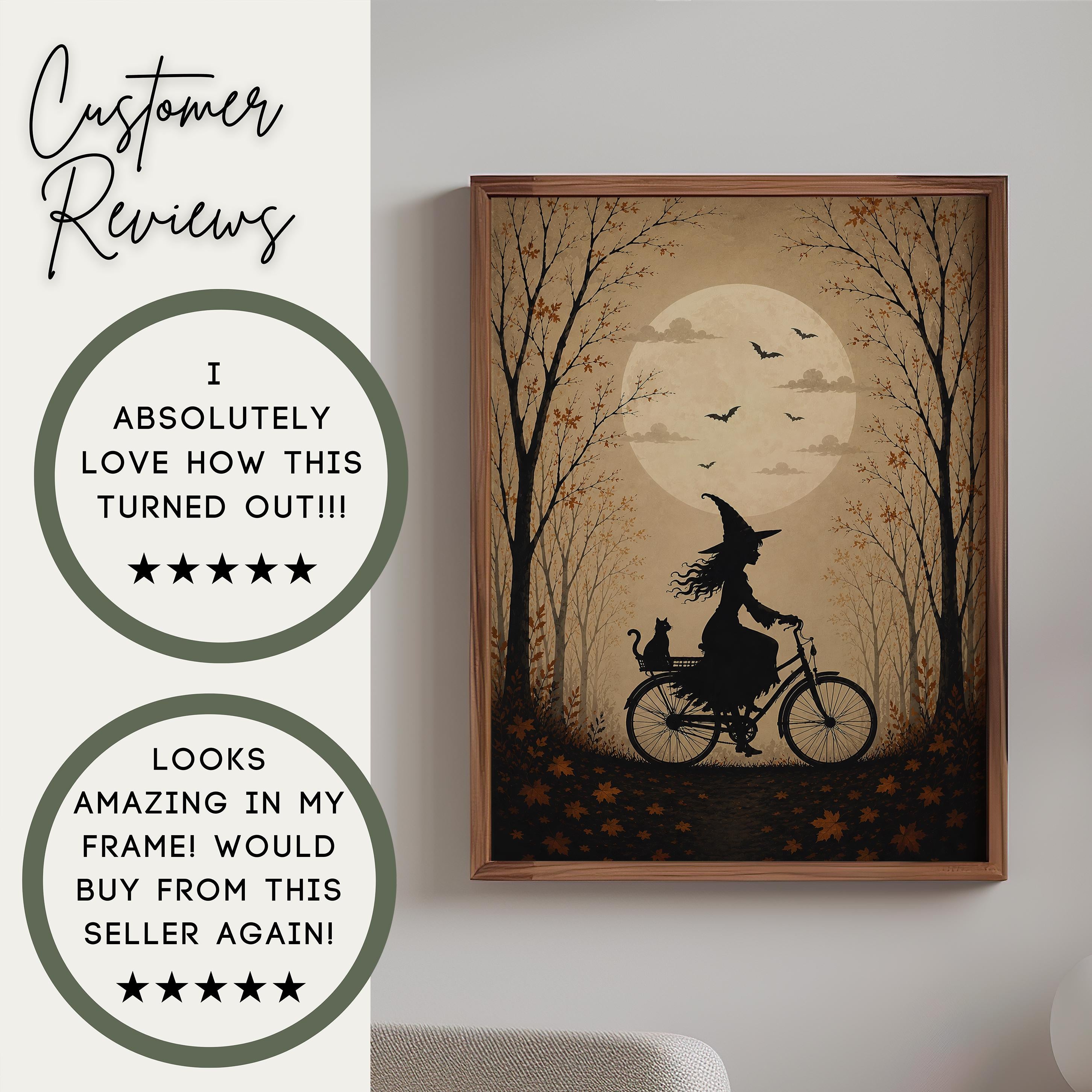 Witch on Bicycle Wall Art | Vintage Halloween Print | Moonlit Autumn Landscape | Dark Cottagecore Decor | Witchcore Artwork