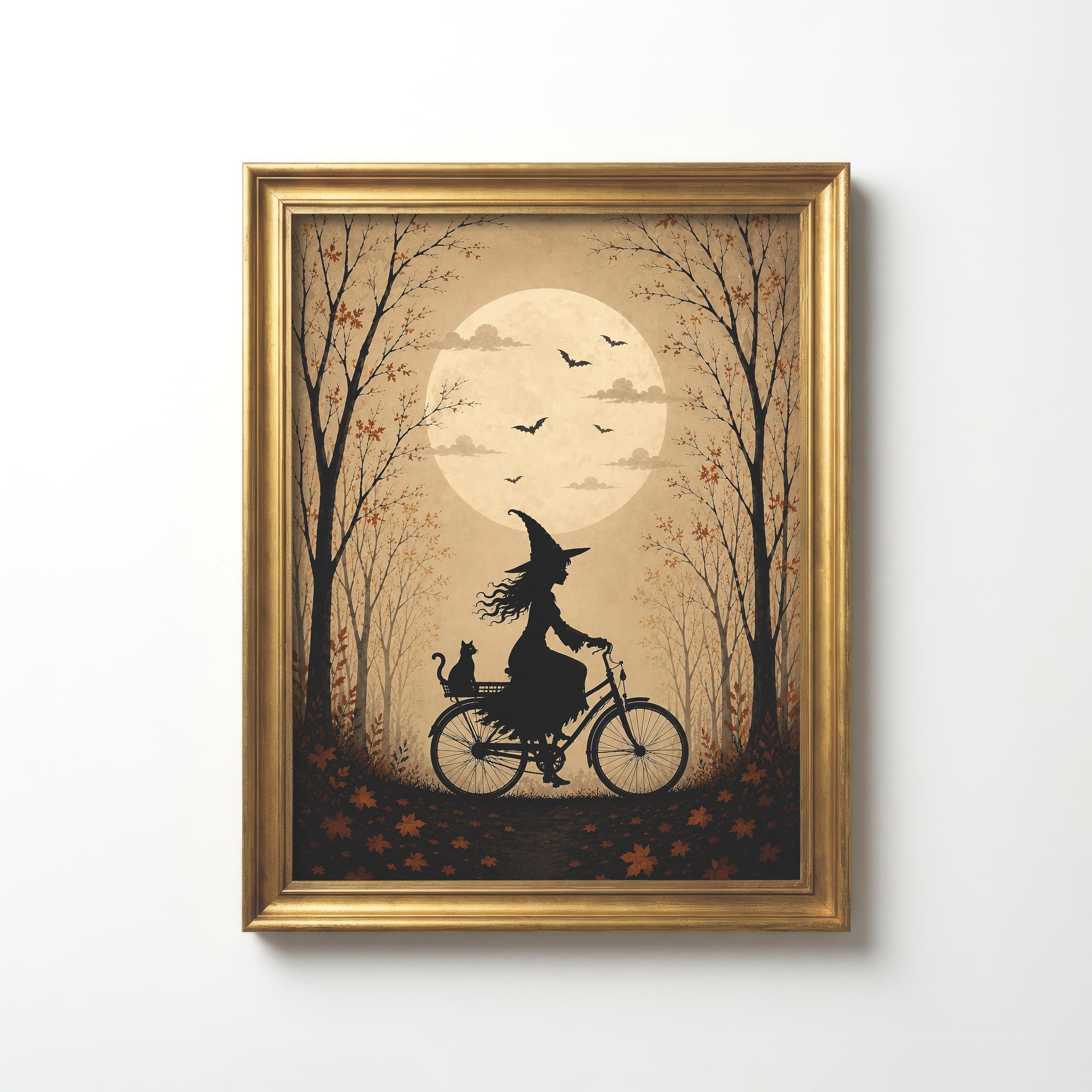 Witch on Bicycle Wall Art | Vintage Halloween Print | Moonlit Autumn Landscape | Dark Cottagecore Decor | Witchcore Artwork