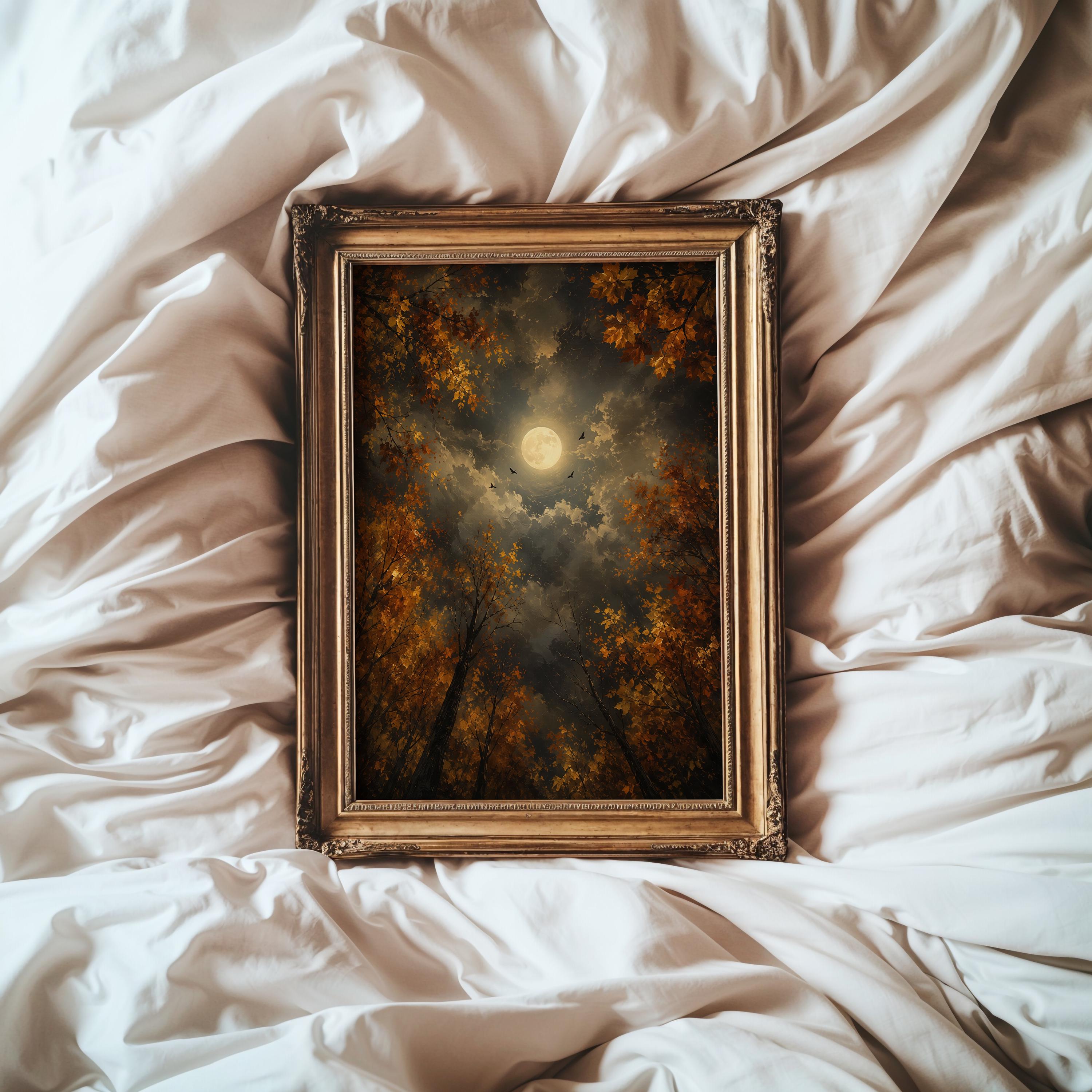 Autumn Moon Wall Art | Moody Fall Forest Painting | Gothic Landscape Print | Dark Cottagecore Decor | Night Sky Artwork