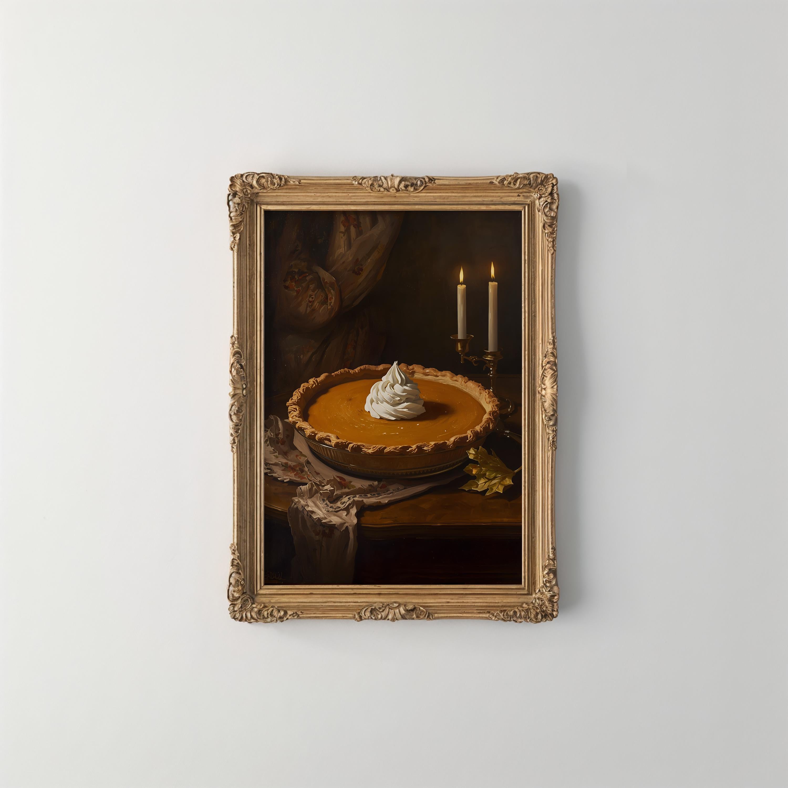 Pumpkin Pie Wall Art | Moody Kitchen Decor | Autumn Dessert Painting | Thanksgiving Farmhouse Artwork