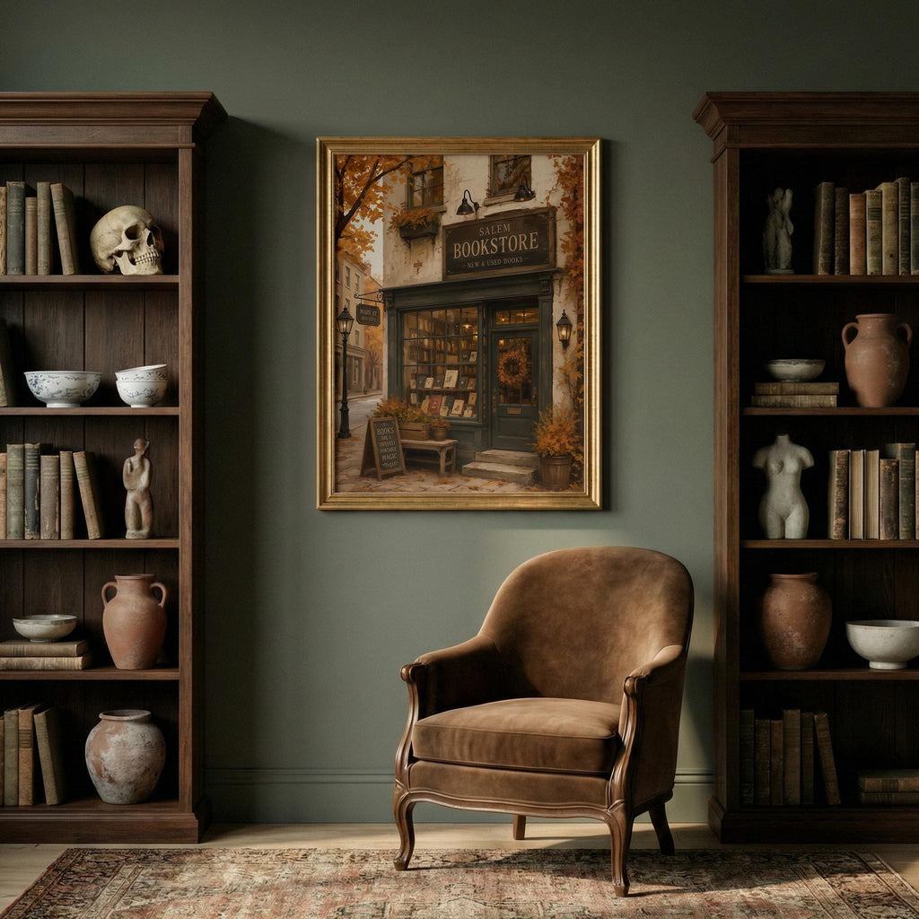 Bookstore Wall Art Print | Dark Academia Bookshop Decor | Cozy Autumn Artwork | Salem Massachusetts Halloween Wall Print