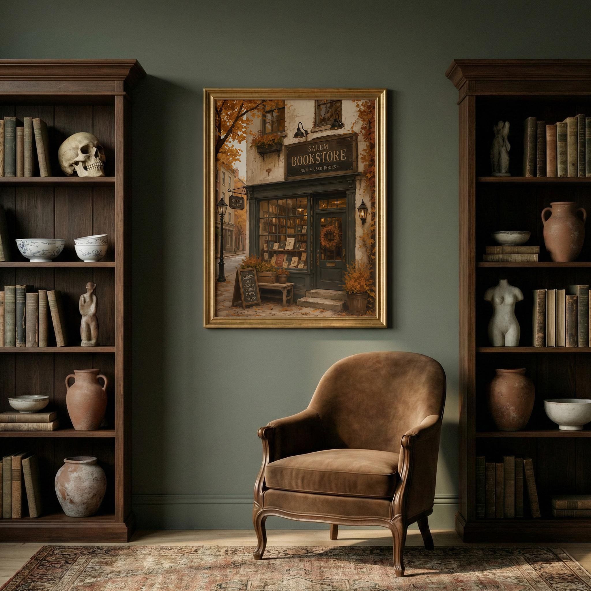 Bookstore Wall Art Print | Dark Academia Bookshop Decor | Cozy Autumn Artwork | Salem Massachusetts Halloween Wall Print