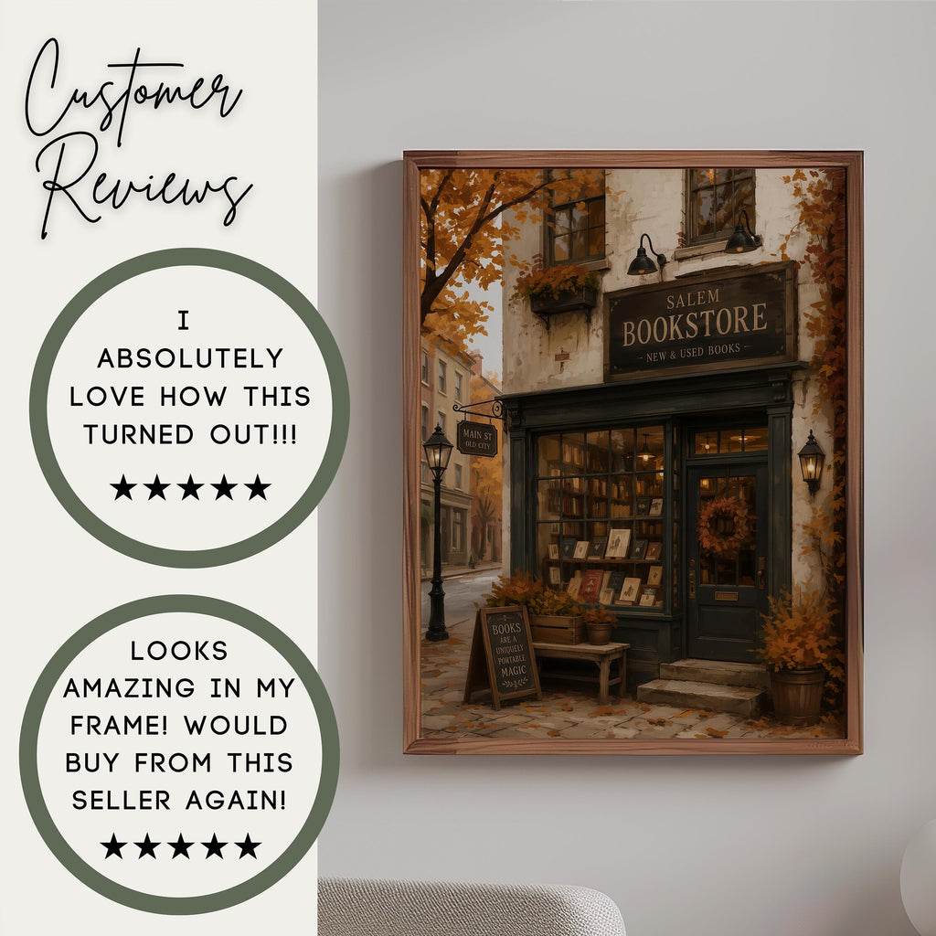 Bookstore Wall Art Print | Dark Academia Bookshop Decor | Cozy Autumn Artwork | Salem Massachusetts Halloween Wall Print
