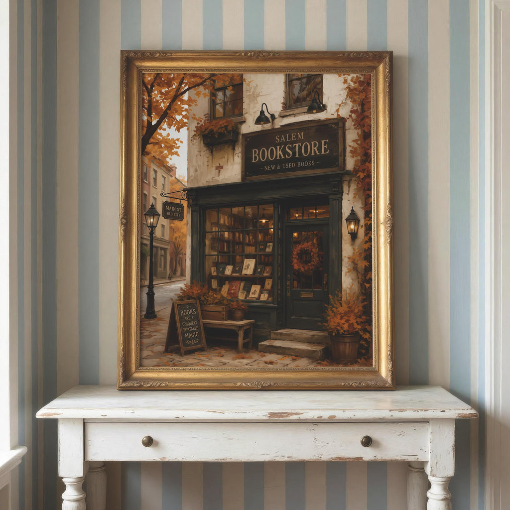 Bookstore Wall Art Print | Dark Academia Bookshop Decor | Cozy Autumn Artwork | Salem Massachusetts Halloween Wall Print