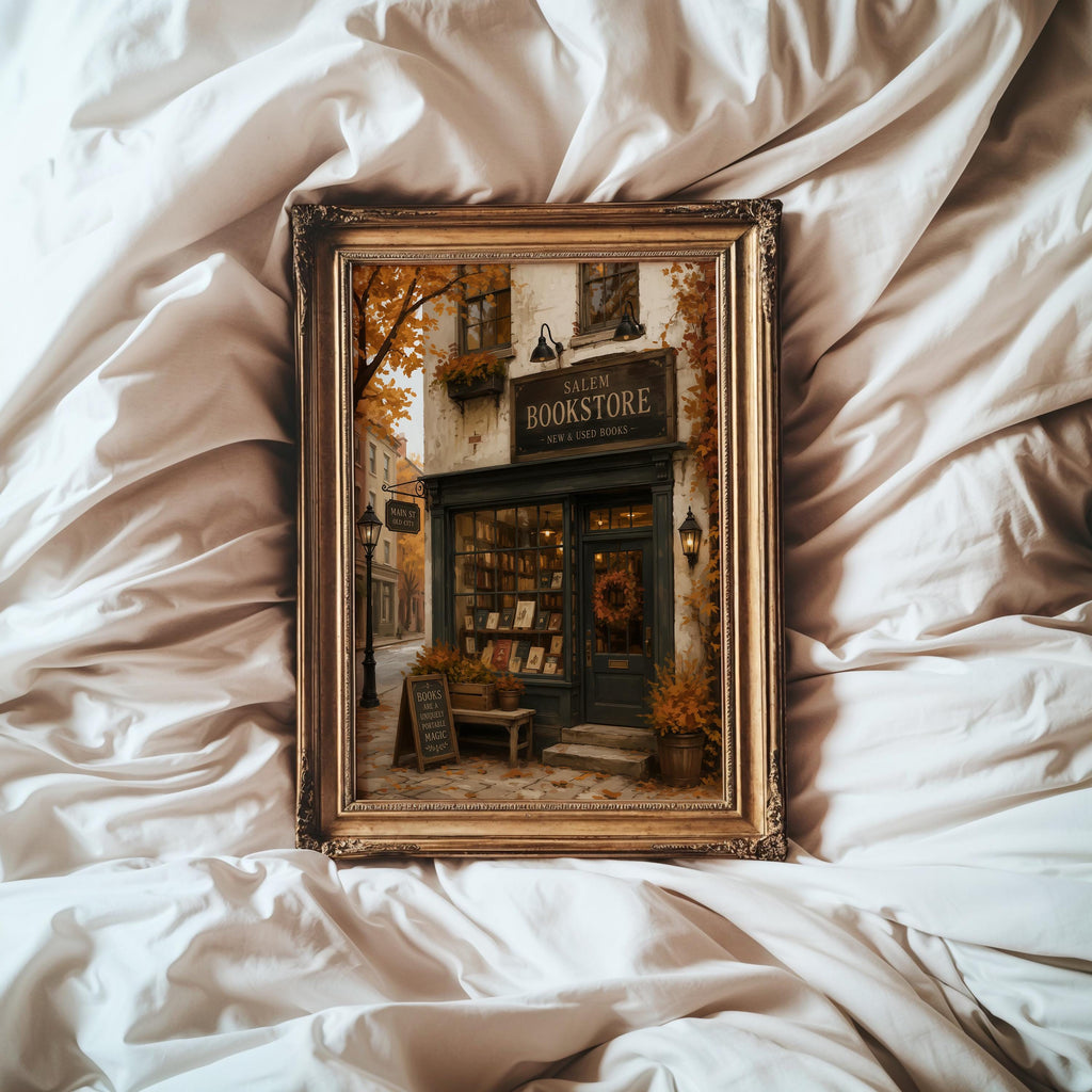 Bookstore Wall Art Print | Dark Academia Bookshop Decor | Cozy Autumn Artwork | Salem Massachusetts Halloween Wall Print