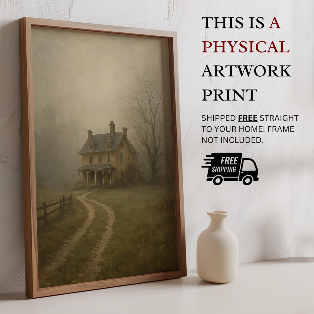 Haunted Farmhouse Wall Art | Moody Halloween Decor | Rustic Ghostly Landscape Print | Spooky Autumn Artwork