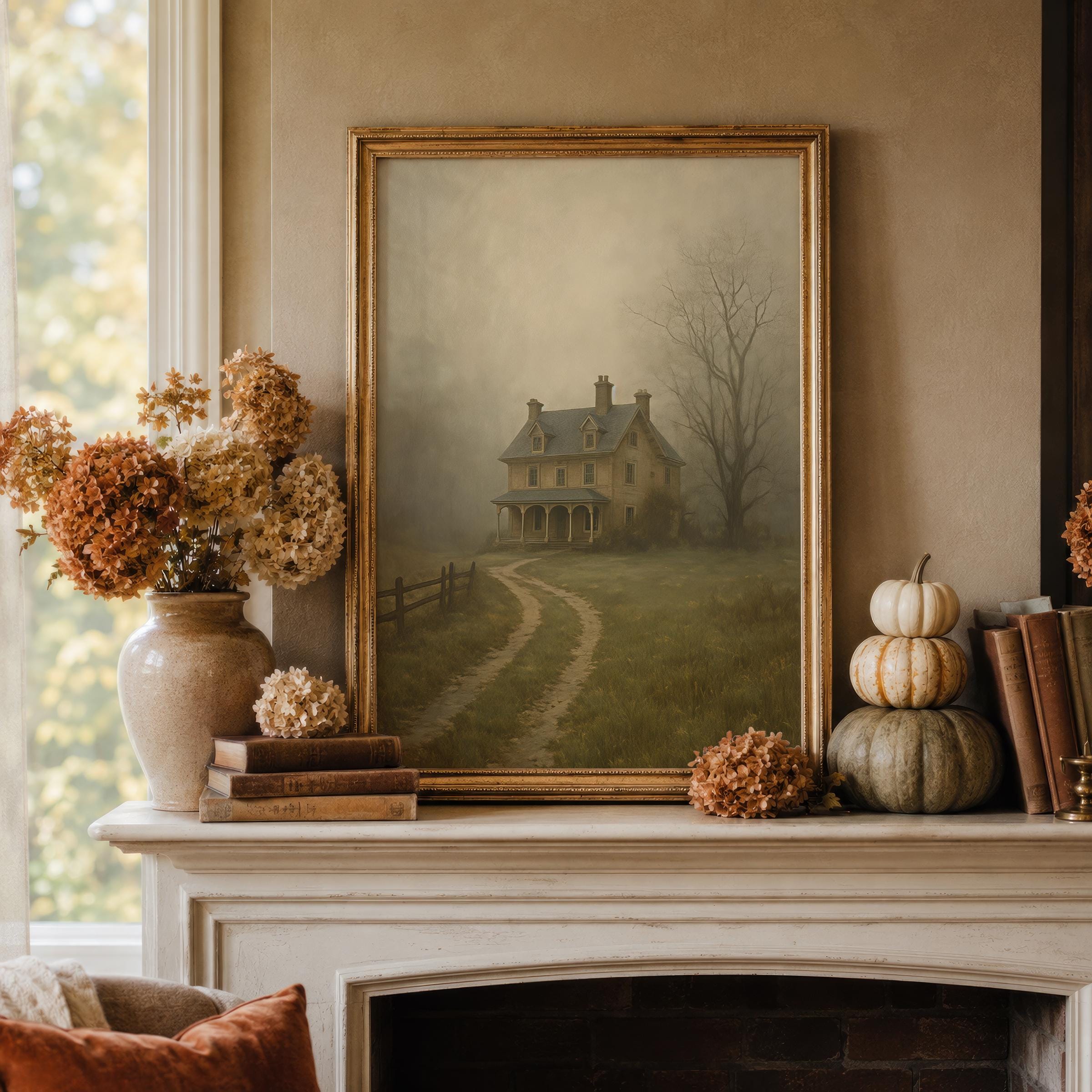 Haunted Farmhouse Wall Art | Moody Halloween Decor | Rustic Ghostly Landscape Print | Spooky Autumn Artwork