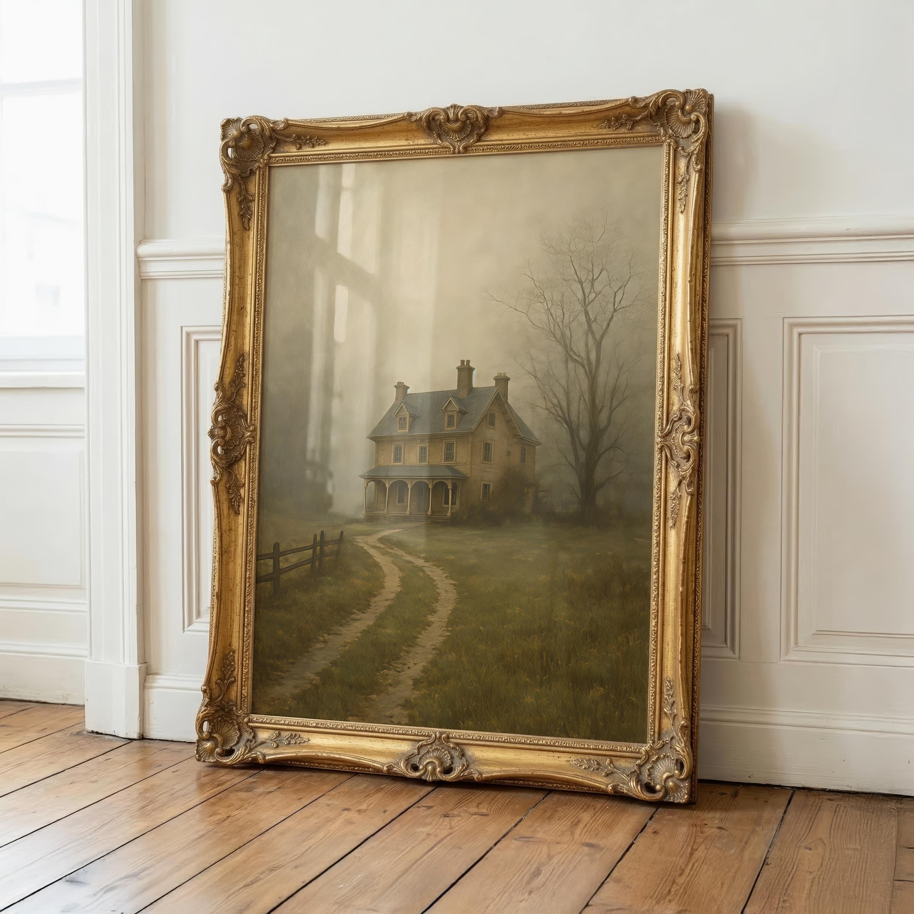 Haunted Farmhouse Wall Art | Moody Halloween Decor | Rustic Ghostly Landscape Print | Spooky Autumn Artwork