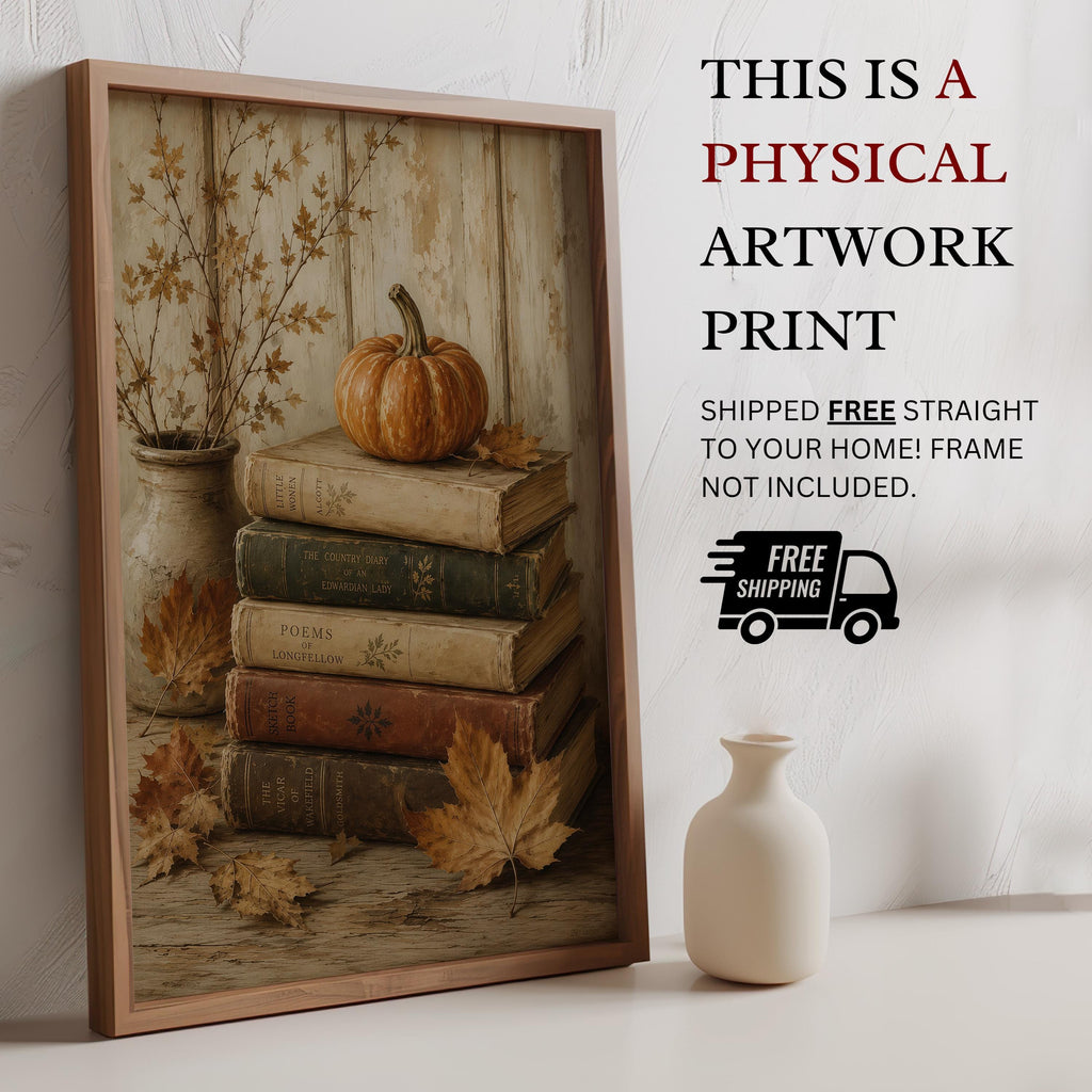Pumpkin and Books Wall Art | Dark Academia Autumn Decor | Cozy Reading Nook Print | Fall Book Lover Gift