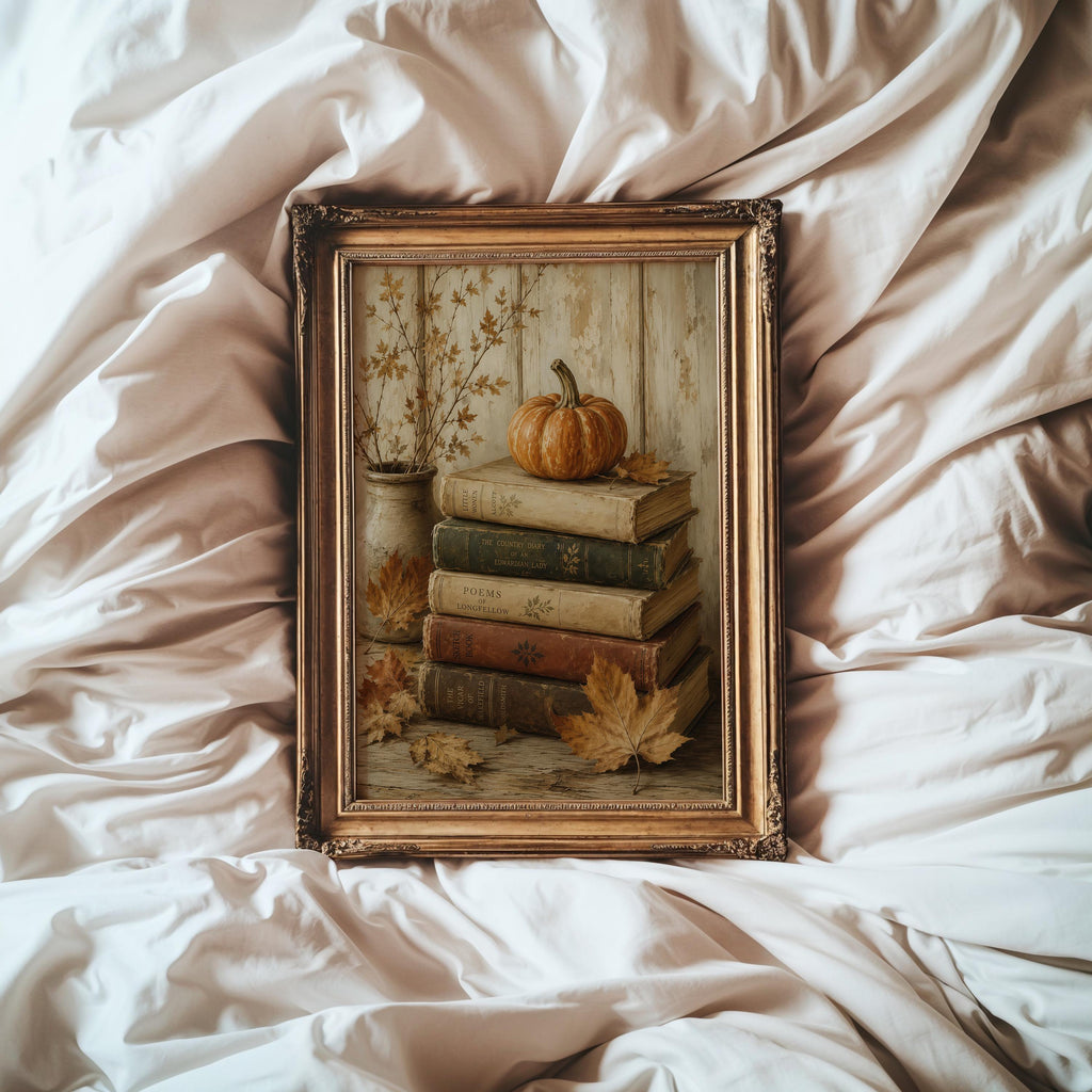 Pumpkin and Books Wall Art | Dark Academia Autumn Decor | Cozy Reading Nook Print | Fall Book Lover Gift