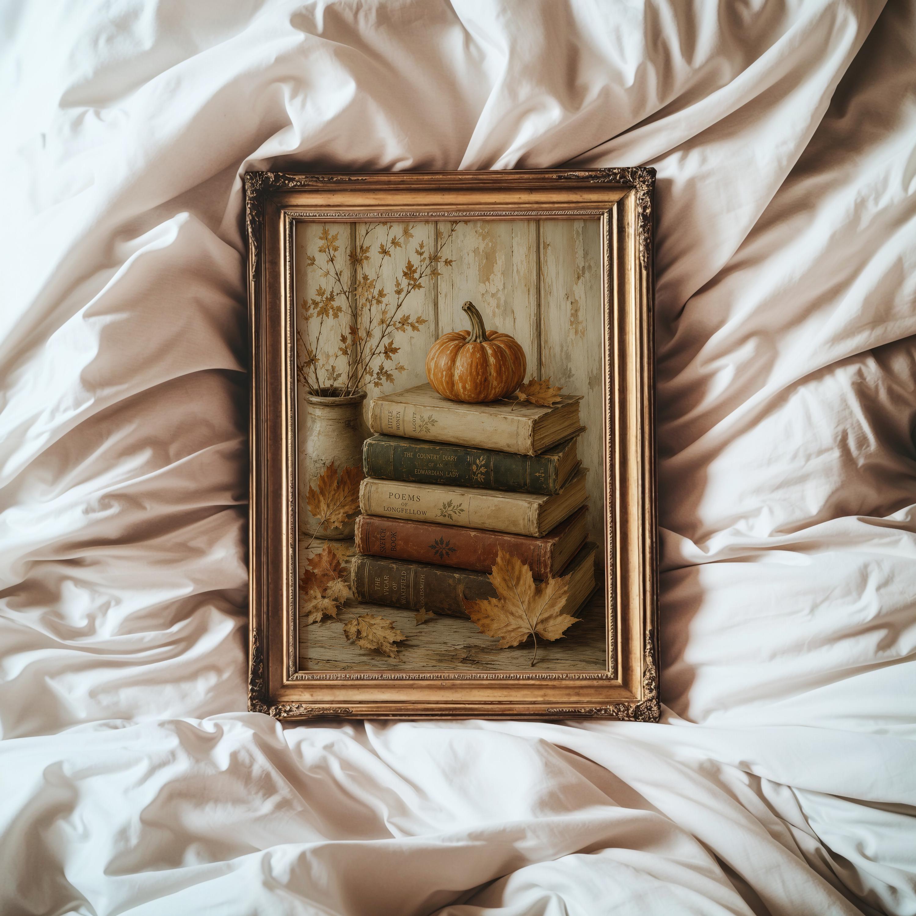Pumpkin and Books Wall Art | Dark Academia Autumn Decor | Cozy Reading Nook Print | Fall Book Lover Gift