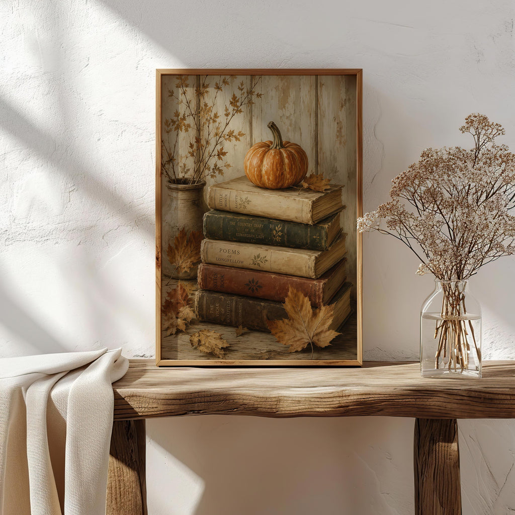 Pumpkin and Books Wall Art | Dark Academia Autumn Decor | Cozy Reading Nook Print | Fall Book Lover Gift