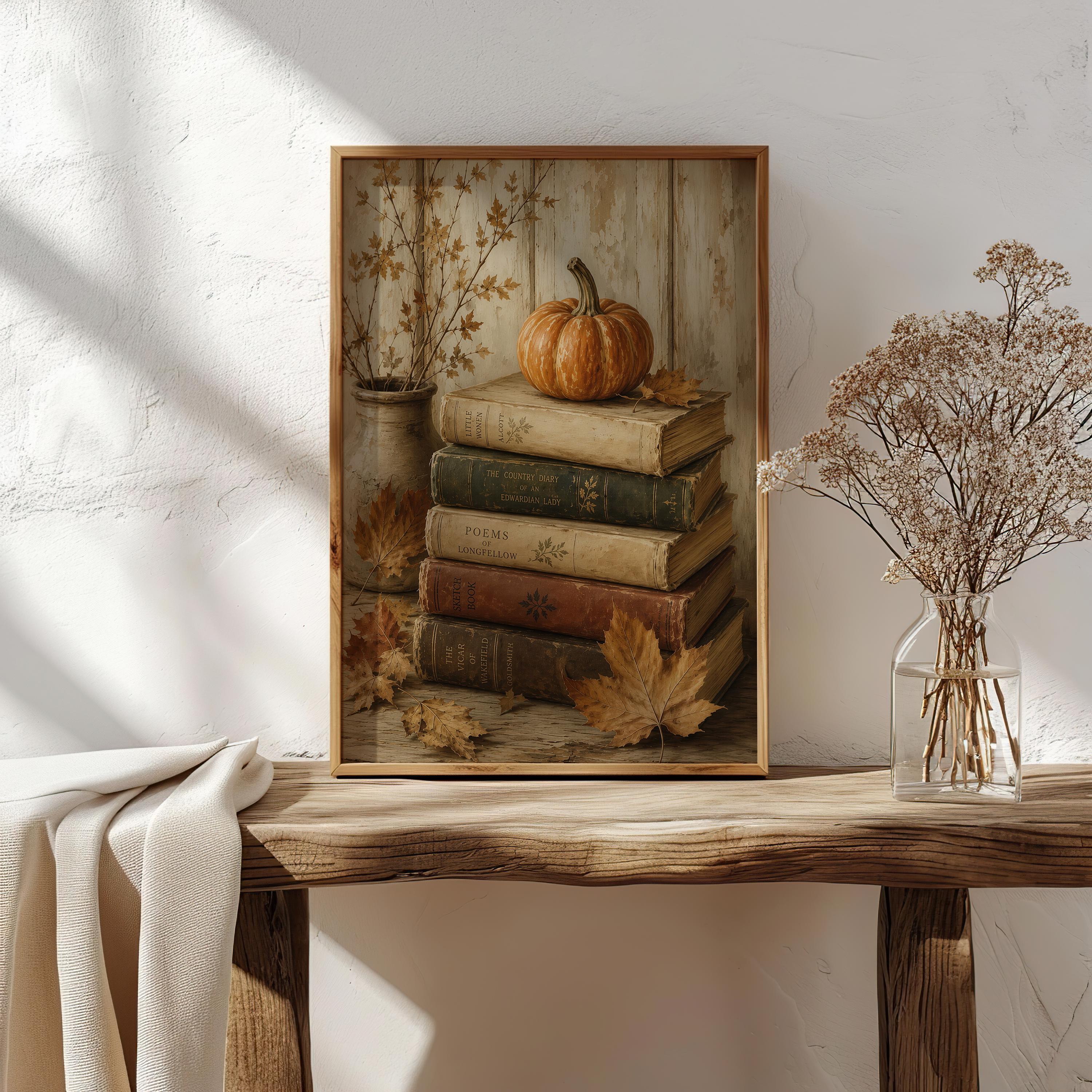 Pumpkin and Books Wall Art | Dark Academia Autumn Decor | Cozy Reading Nook Print | Fall Book Lover Gift