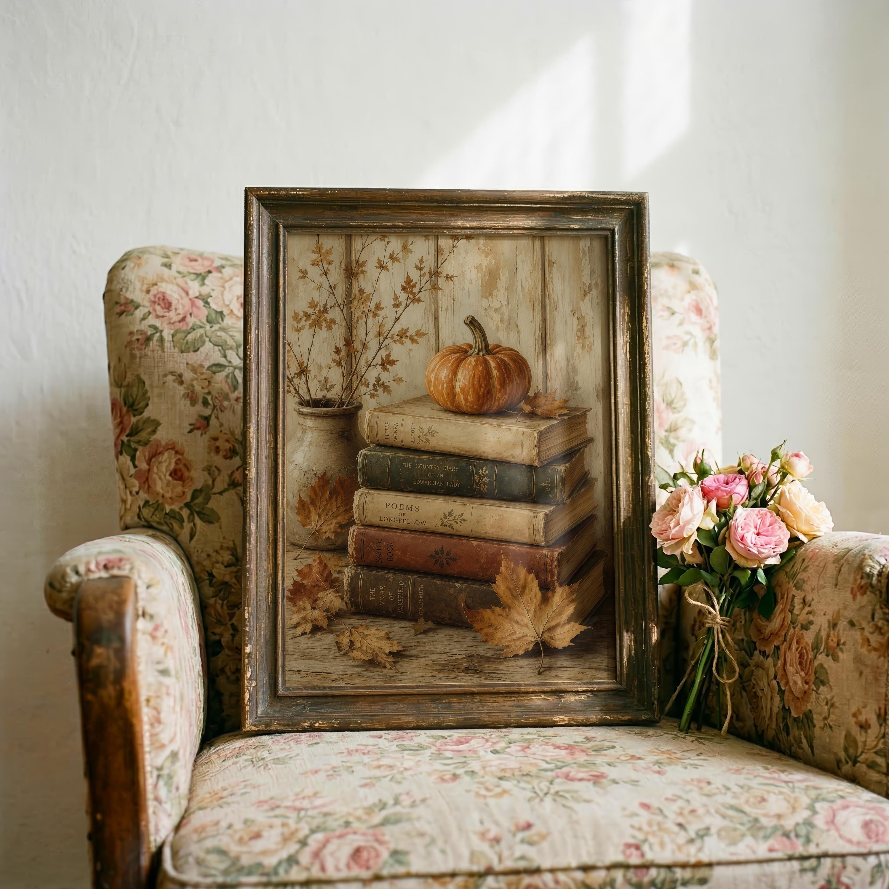 Pumpkin and Books Wall Art | Dark Academia Autumn Decor | Cozy Reading Nook Print | Fall Book Lover Gift