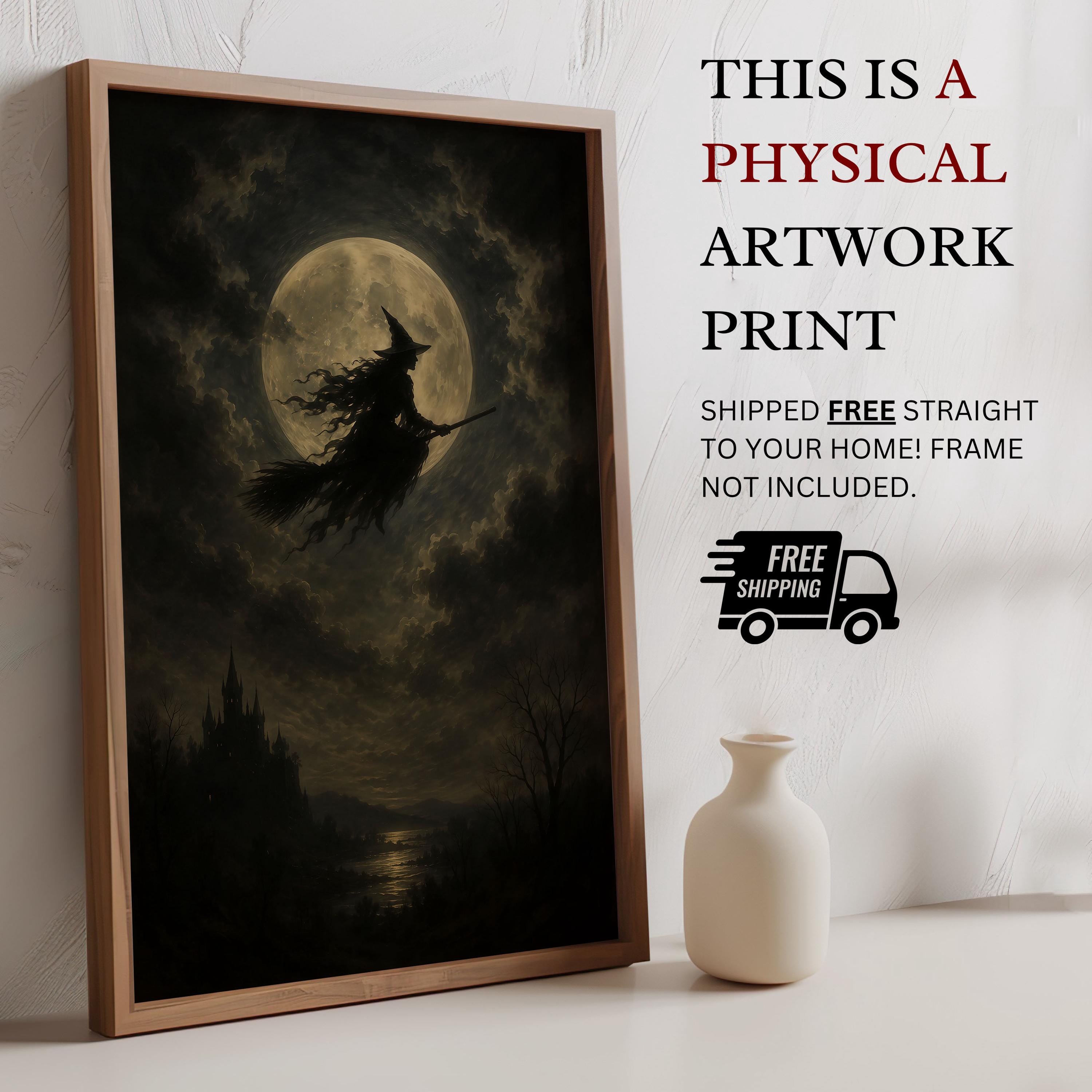 Flying Witch Moon Wall Art | Halloween Print | Dark Fantasy Decor | Gothic Witch Artwork | Spooky Night Sky