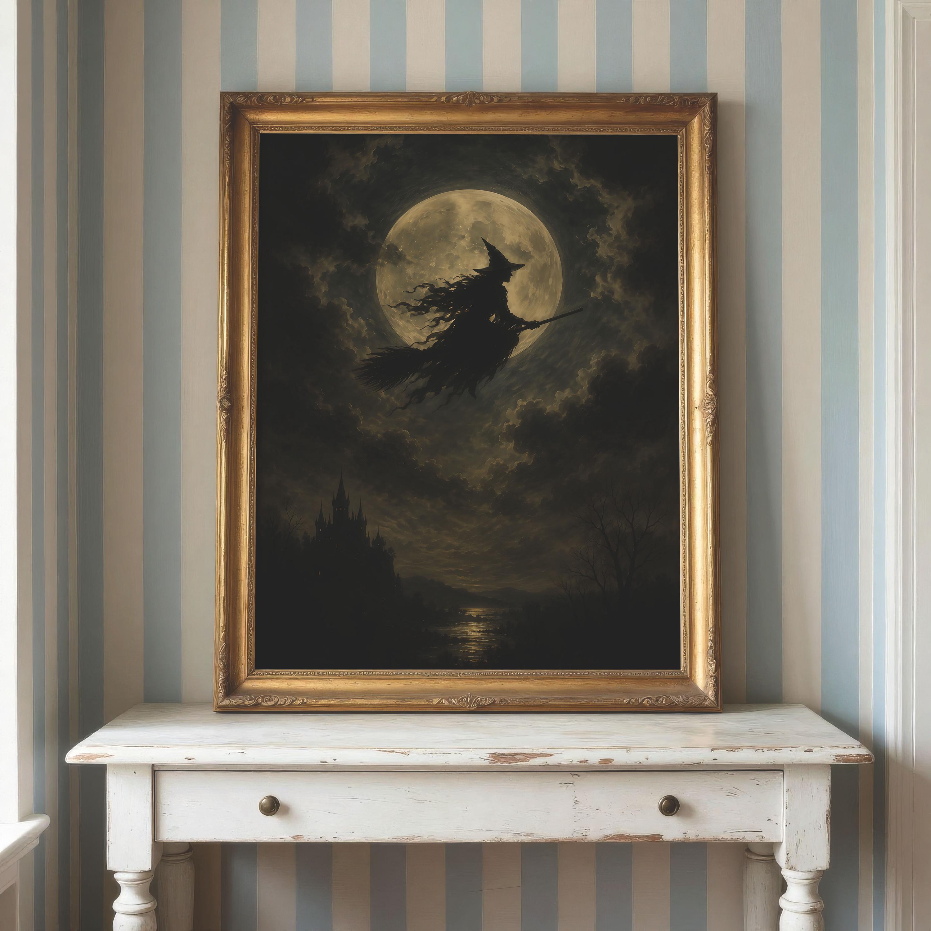 Flying Witch Moon Wall Art | Halloween Print | Dark Fantasy Decor | Gothic Witch Artwork | Spooky Night Sky