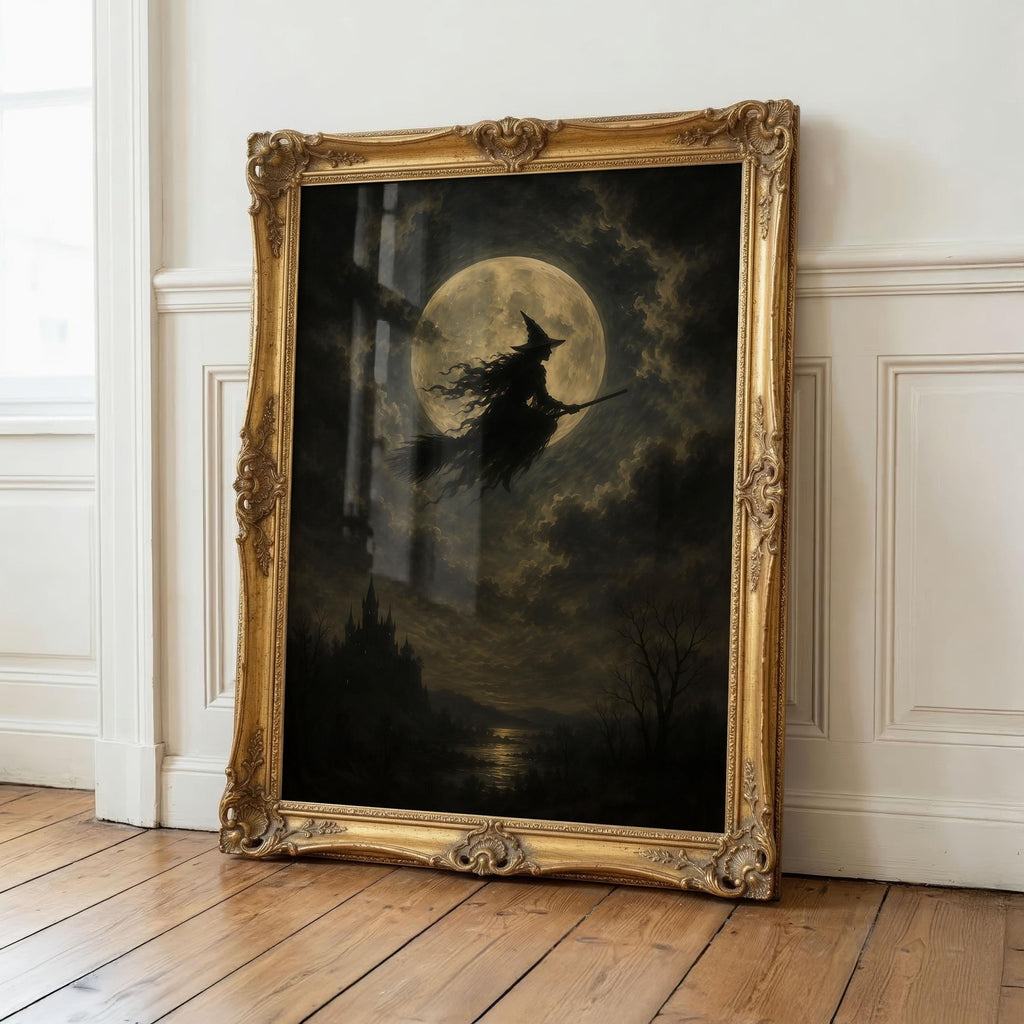 Flying Witch Moon Wall Art | Halloween Print | Dark Fantasy Decor | Gothic Witch Artwork | Spooky Night Sky