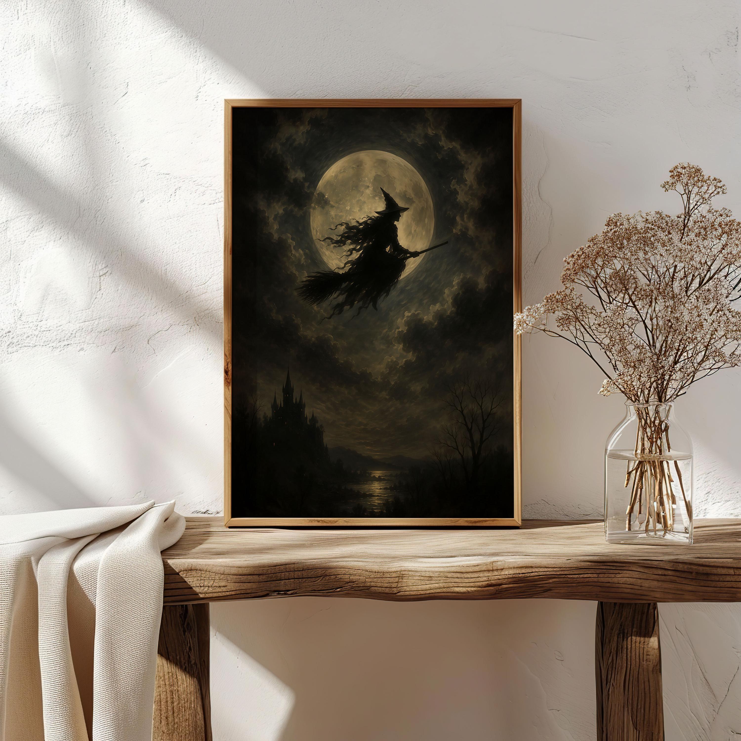 Flying Witch Moon Wall Art | Halloween Print | Dark Fantasy Decor | Gothic Witch Artwork | Spooky Night Sky
